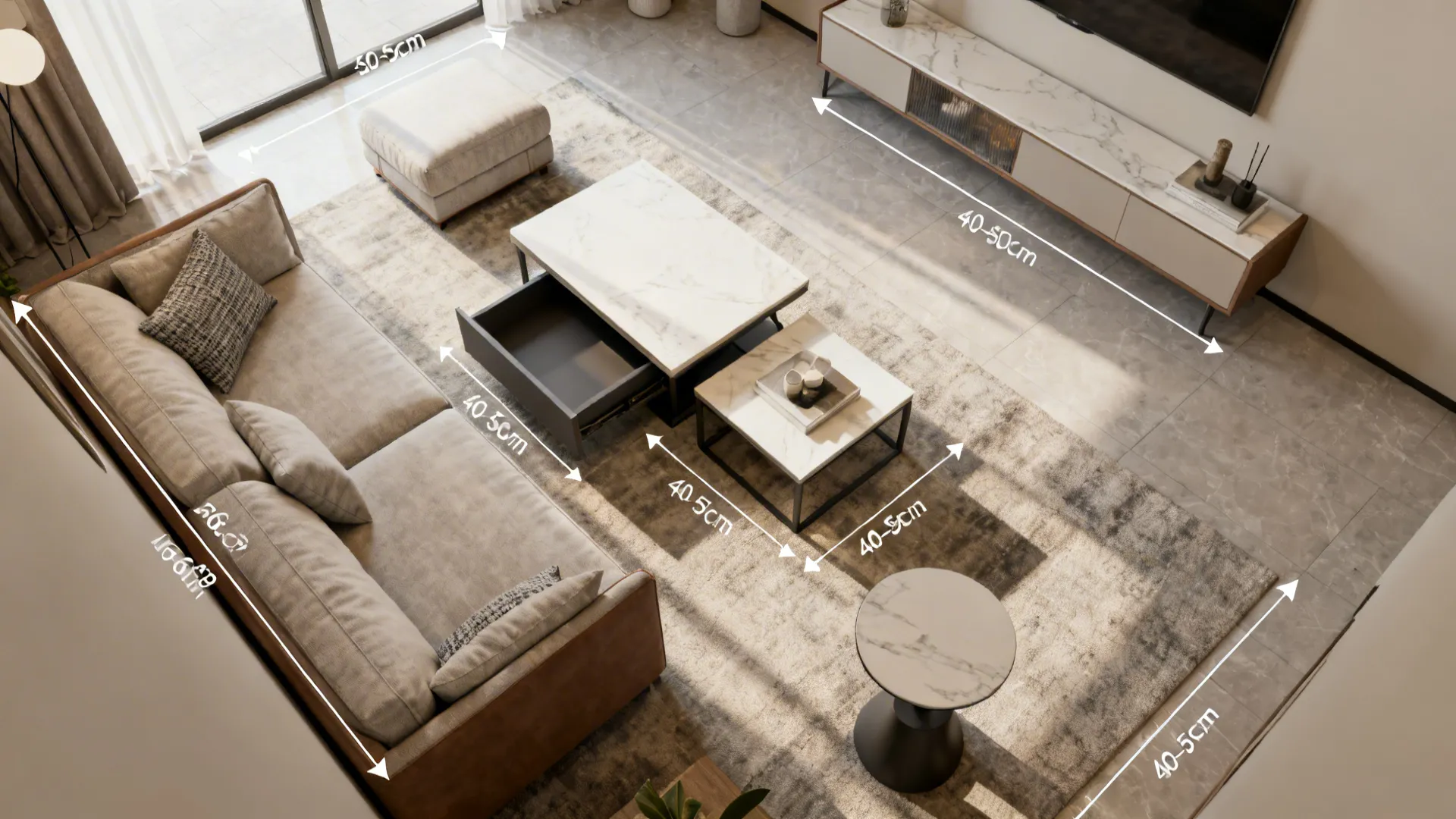 Top view living room layout design showing furniture distance measurements for sofa table and cabinet