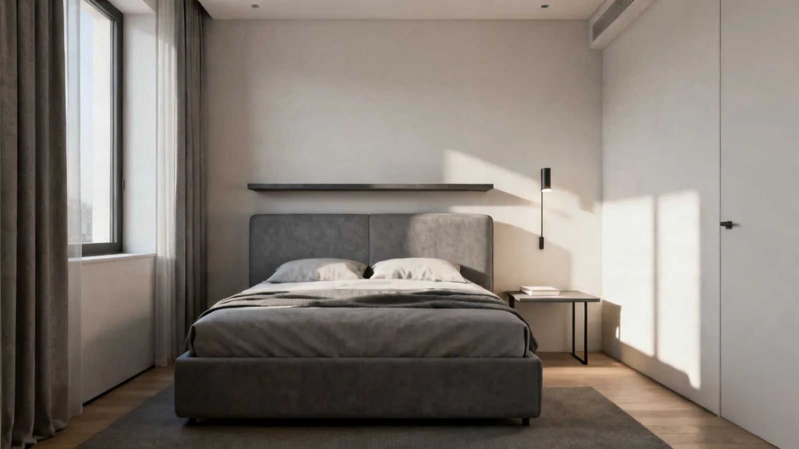 Small bedroom layout with floating shelf nightstand and grey bed frame