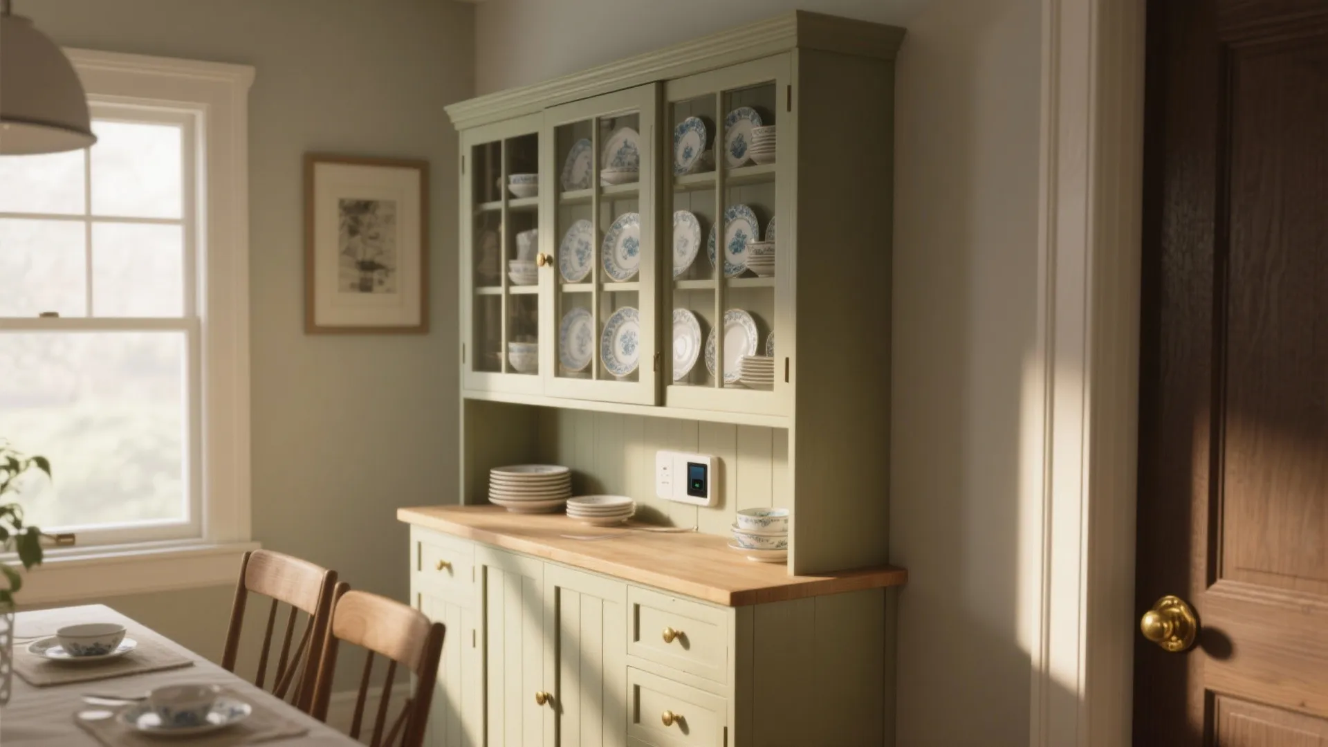 Sage green kitchen cabinet with glass doors for plates and a light wood countertop with drawers