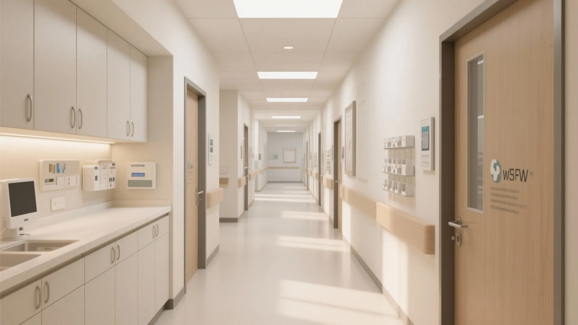 Clinic corridor with white storage cabinets wooden doors handrails and bright square recessed ceiling lights
