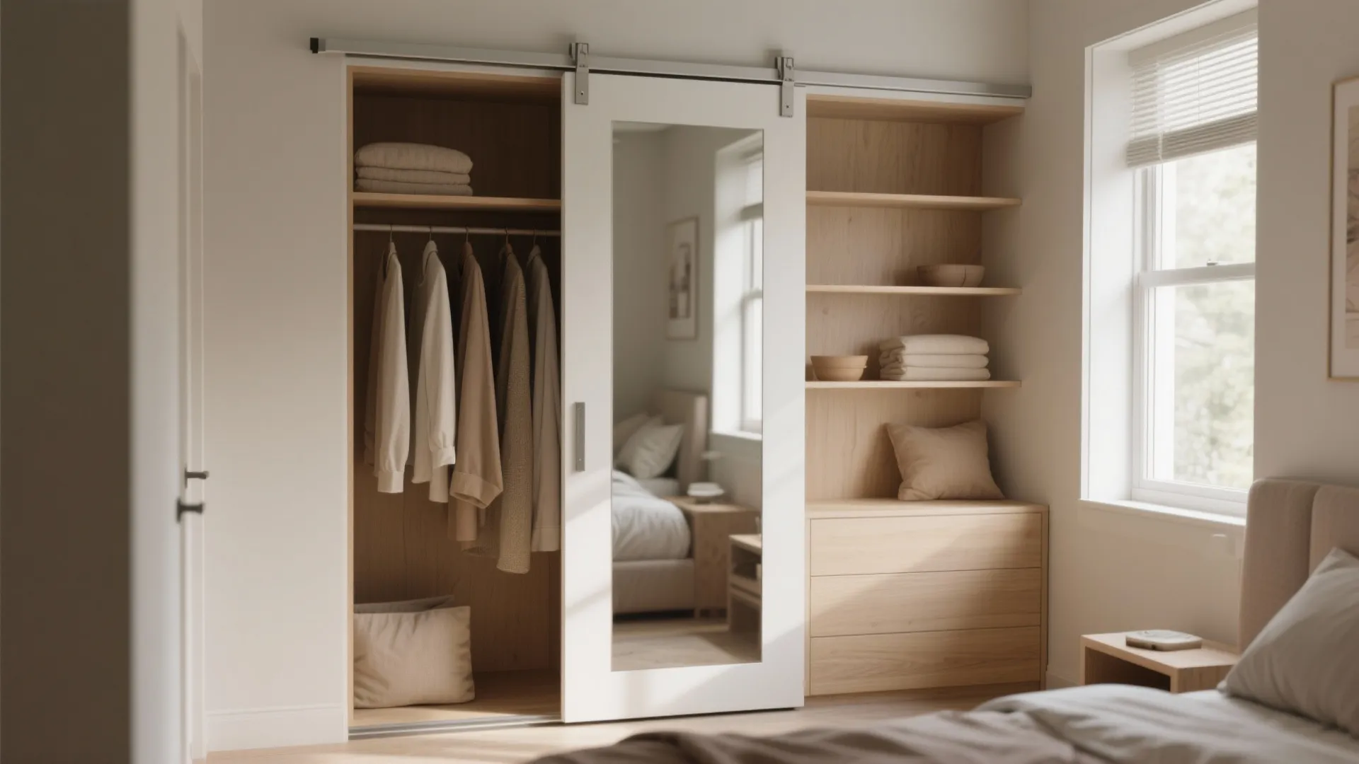 Open wooden closet with sliding mirror door hanging clothes storage shelves and natural window light
