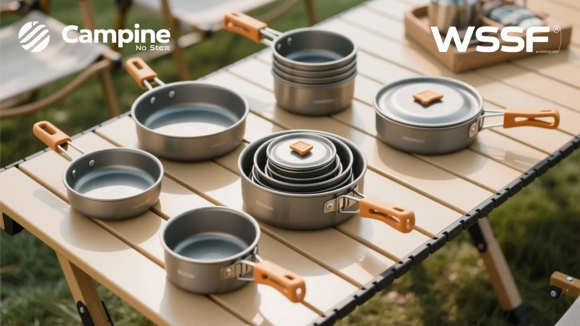 Grey camping pot and pan set with orange handles organized on a light wood table
