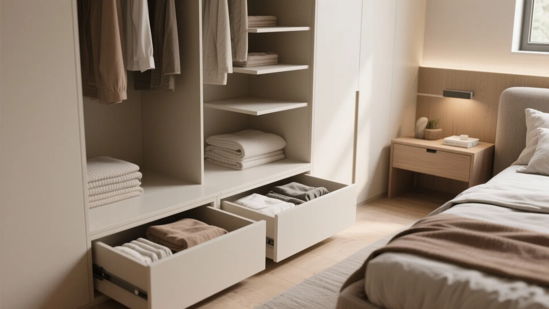Close-up of built-in wardrobe niche, under-bed storage, and floating shelves in a small bedroom.