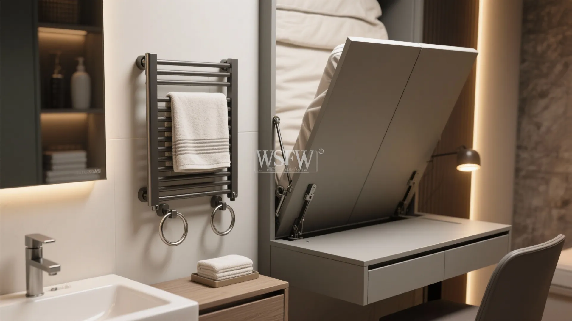 Towel warmer, double towel rings and a compact wall bed mechanism in a small home