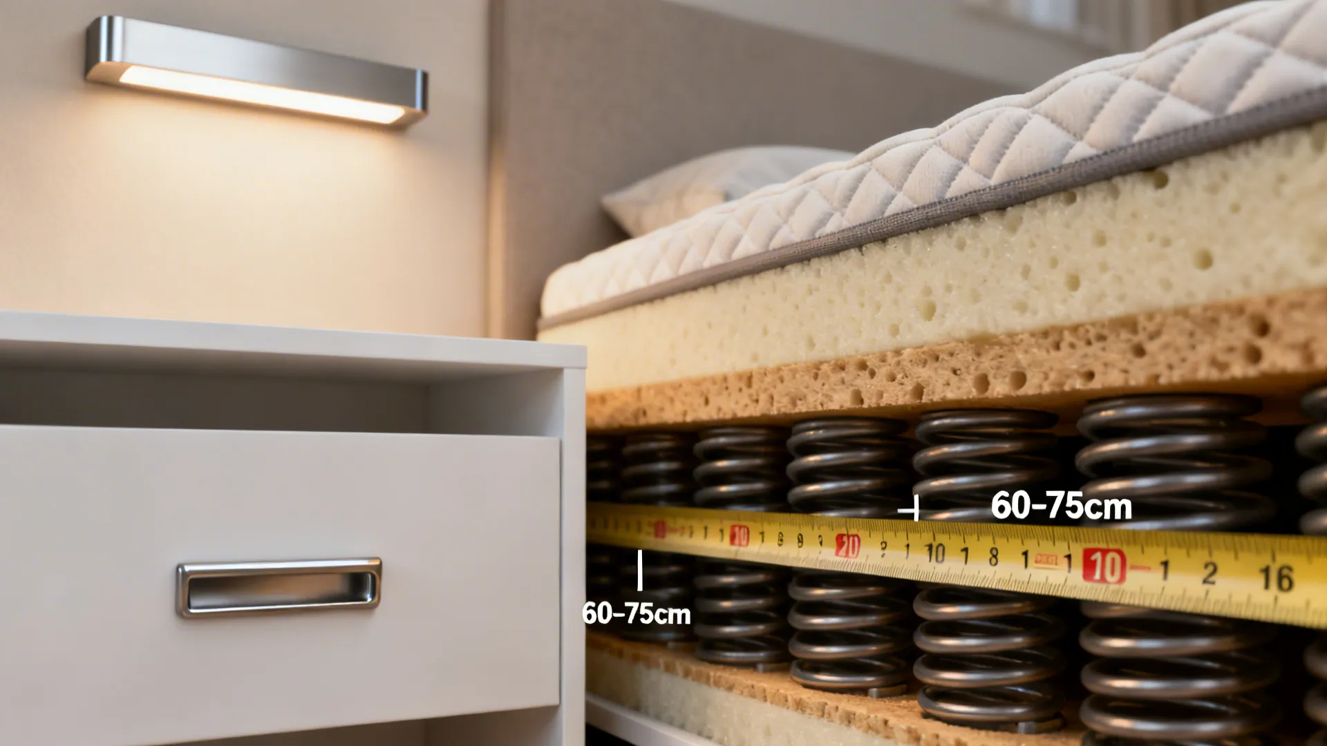 Close up of mattress spring layers with measuring tape showing height next to white cabinet