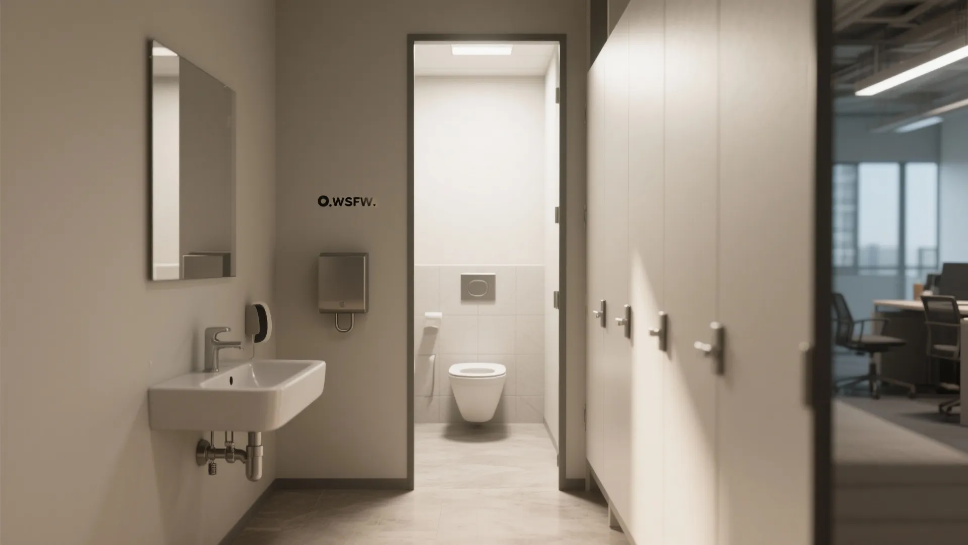 Minimalist office bathroom design featuring a wall hung sink, mirror, toilet, and grey stall doors