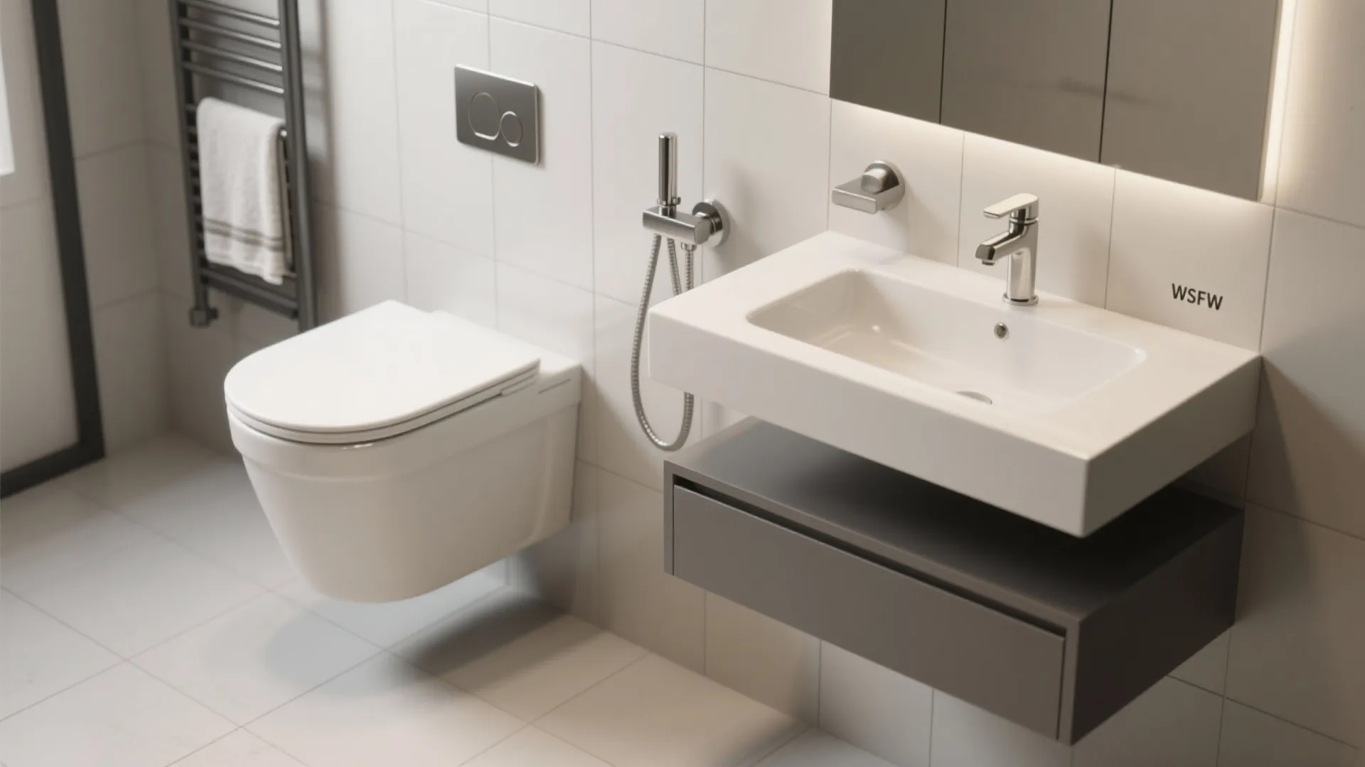 Detail of space-saving fixtures: wall-hung toilet, narrow vanity, and towel radiator on neutral tile.