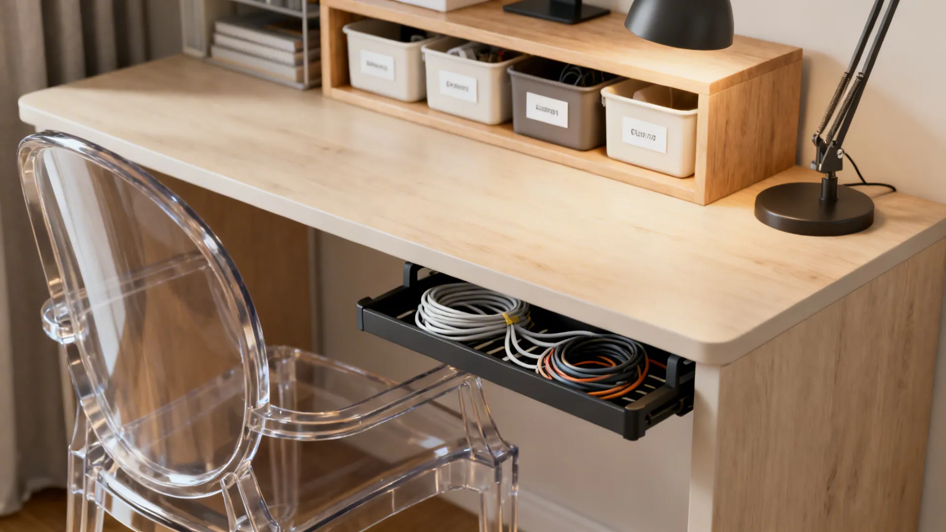 Clear acrylic chair, under-desk cable tray, labeled storage bins and adjustable lamp in a compact office
