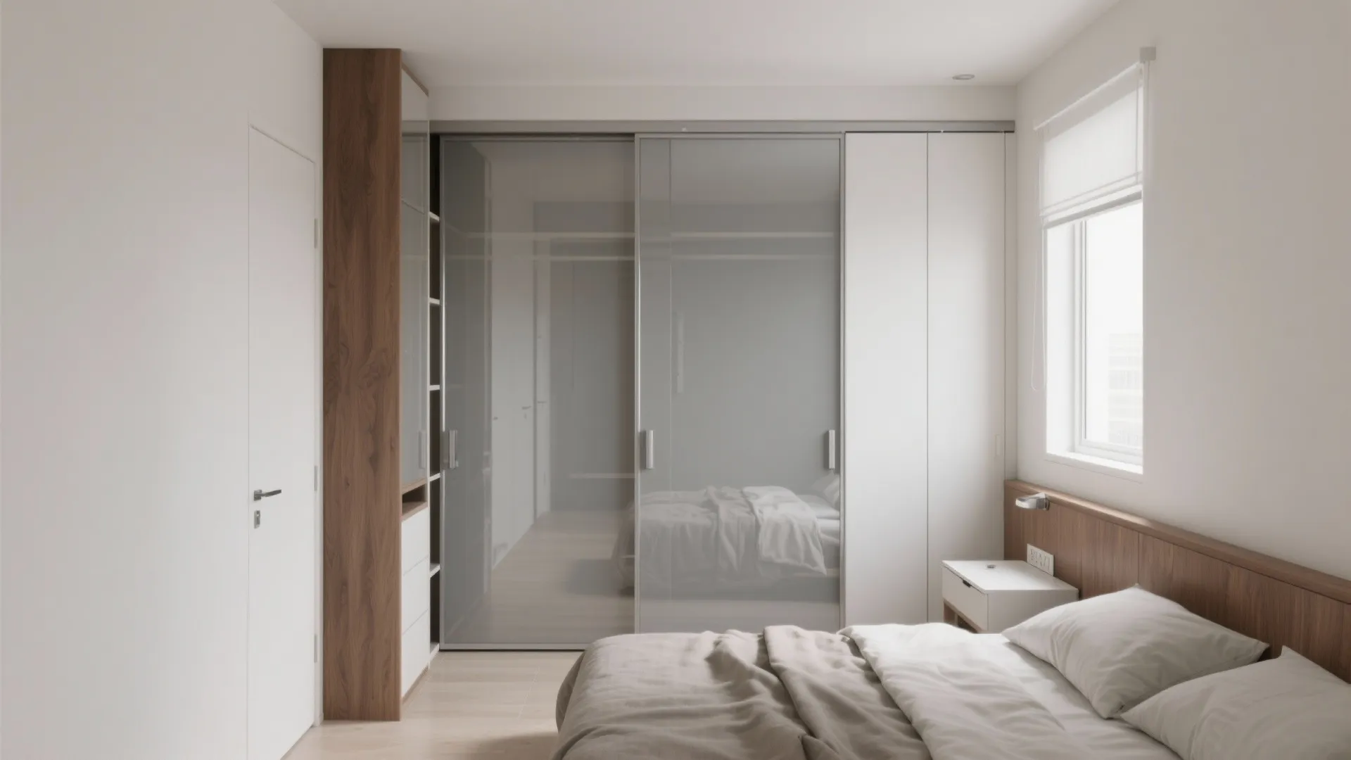 Modern bedroom with glass sliding doors wardrobe and wood bedside table with white bedding design