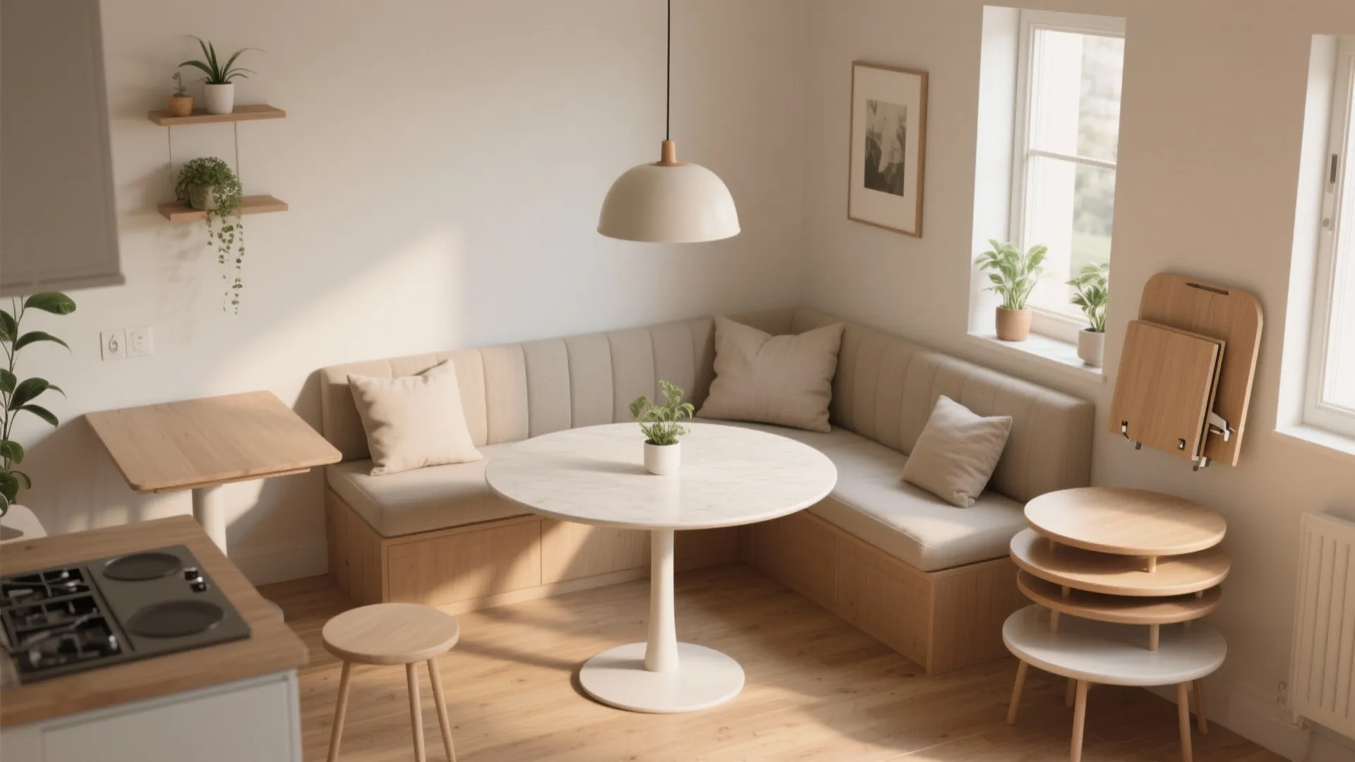 Small dining area with corner sofa white round table wooden stools ceiling light and natural light