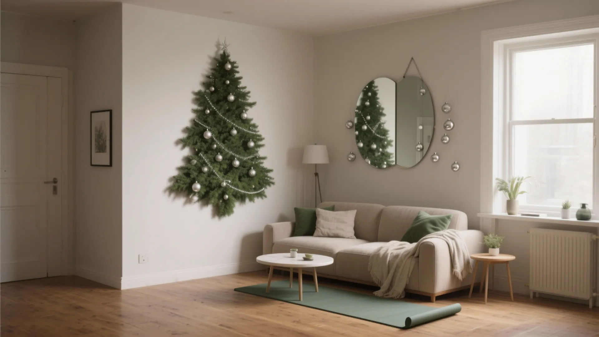 Living room with beige sofa green rug wall mounted christmas tree and round mirror with decorations