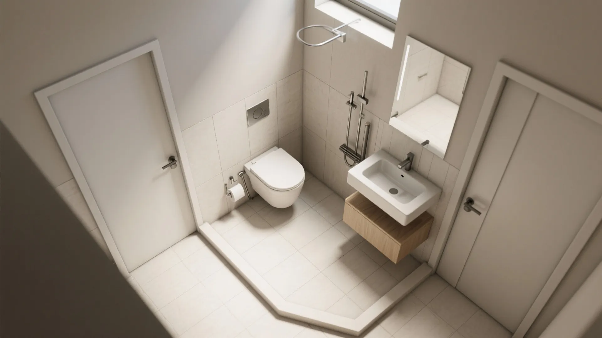 Space-saving fixtures: wall-hung WC, corner basin, and pocket storage