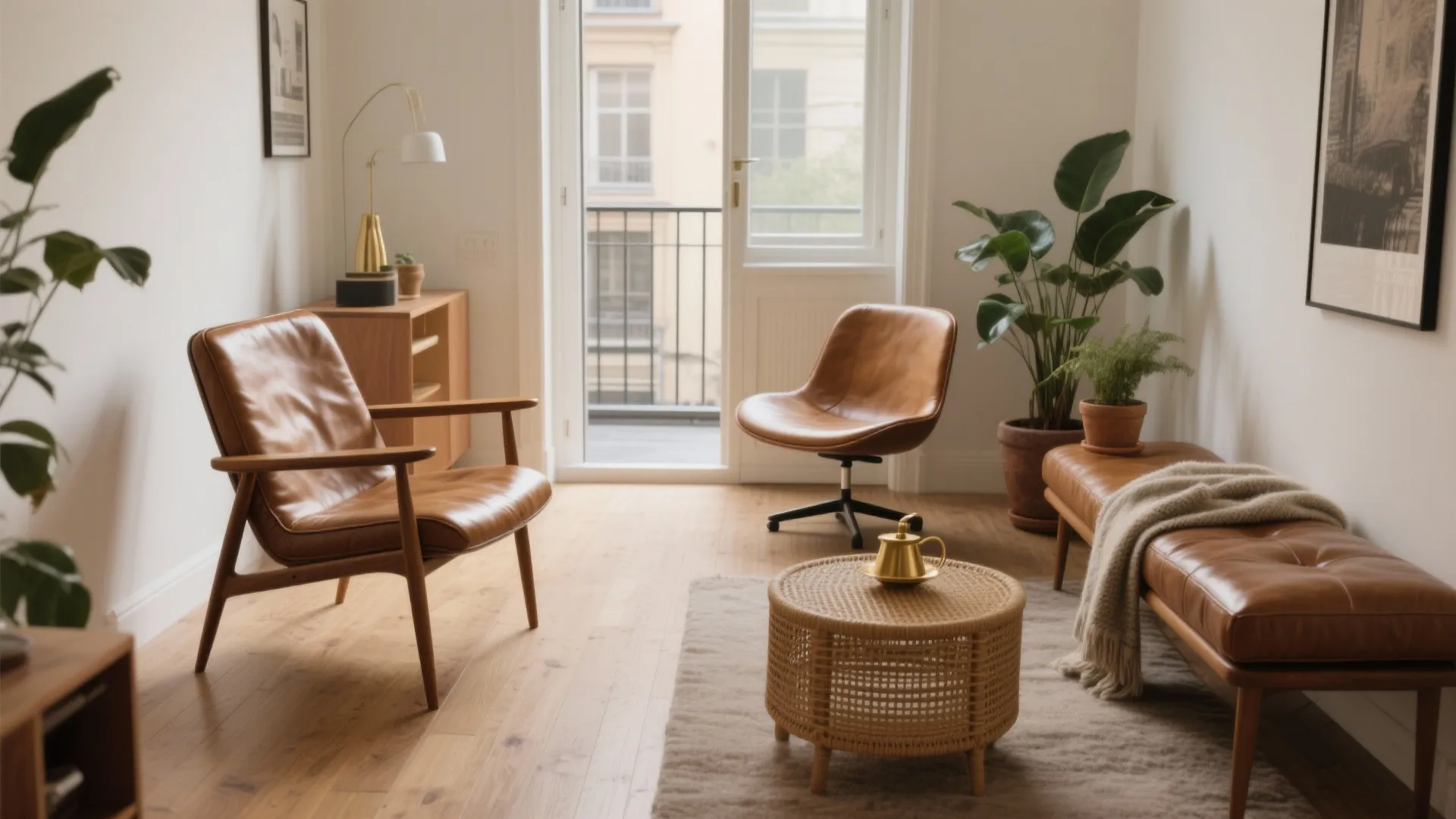 Bright living room with leather chairs wood cabinet plants and a long brown leather bench