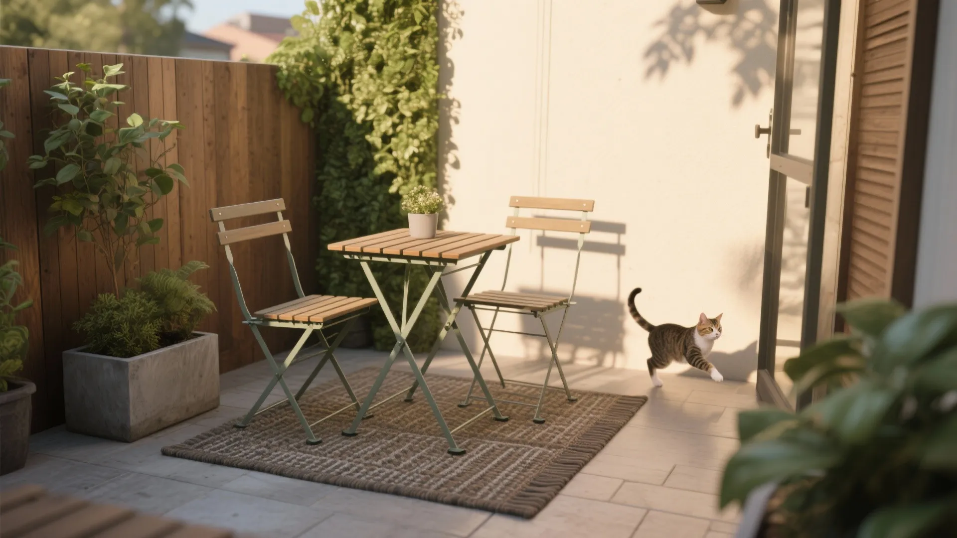 Small outdoor patio with wooden folding table chairs plant pot rug and a brown cat