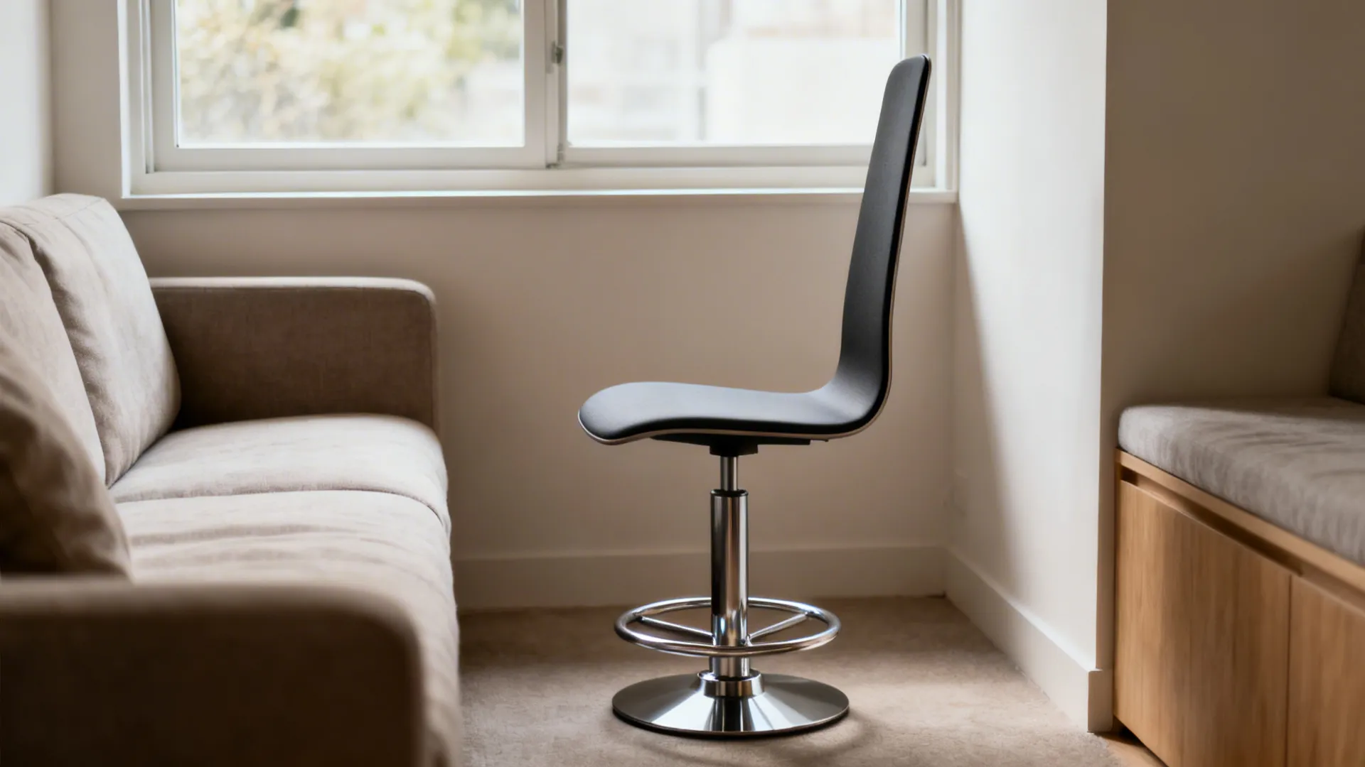 Black swivel chair placed next to beige sofa near window in a bright indoor room