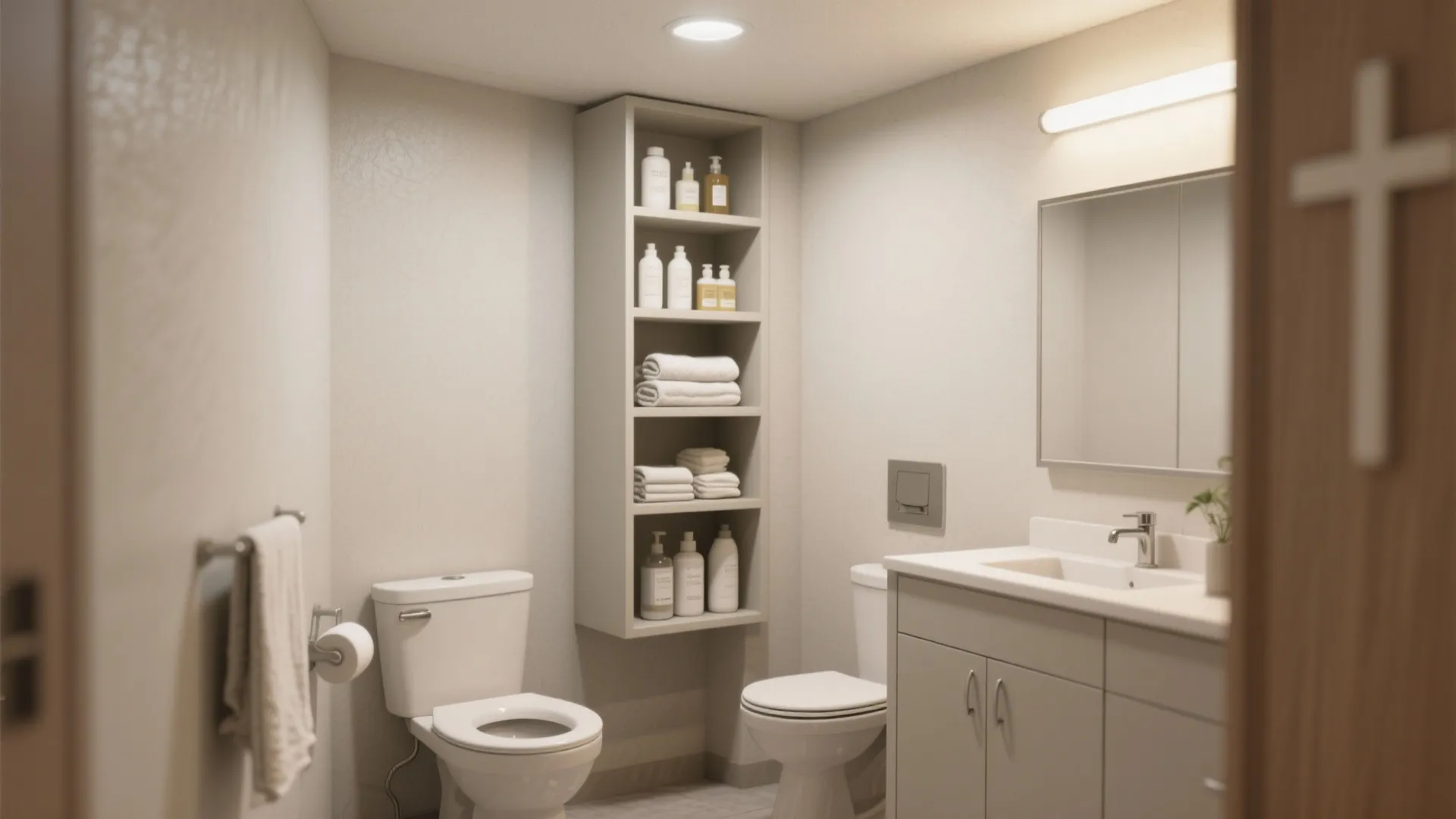 Small beige bathroom with tall open storage wall shelf holding towels and white bath bottles