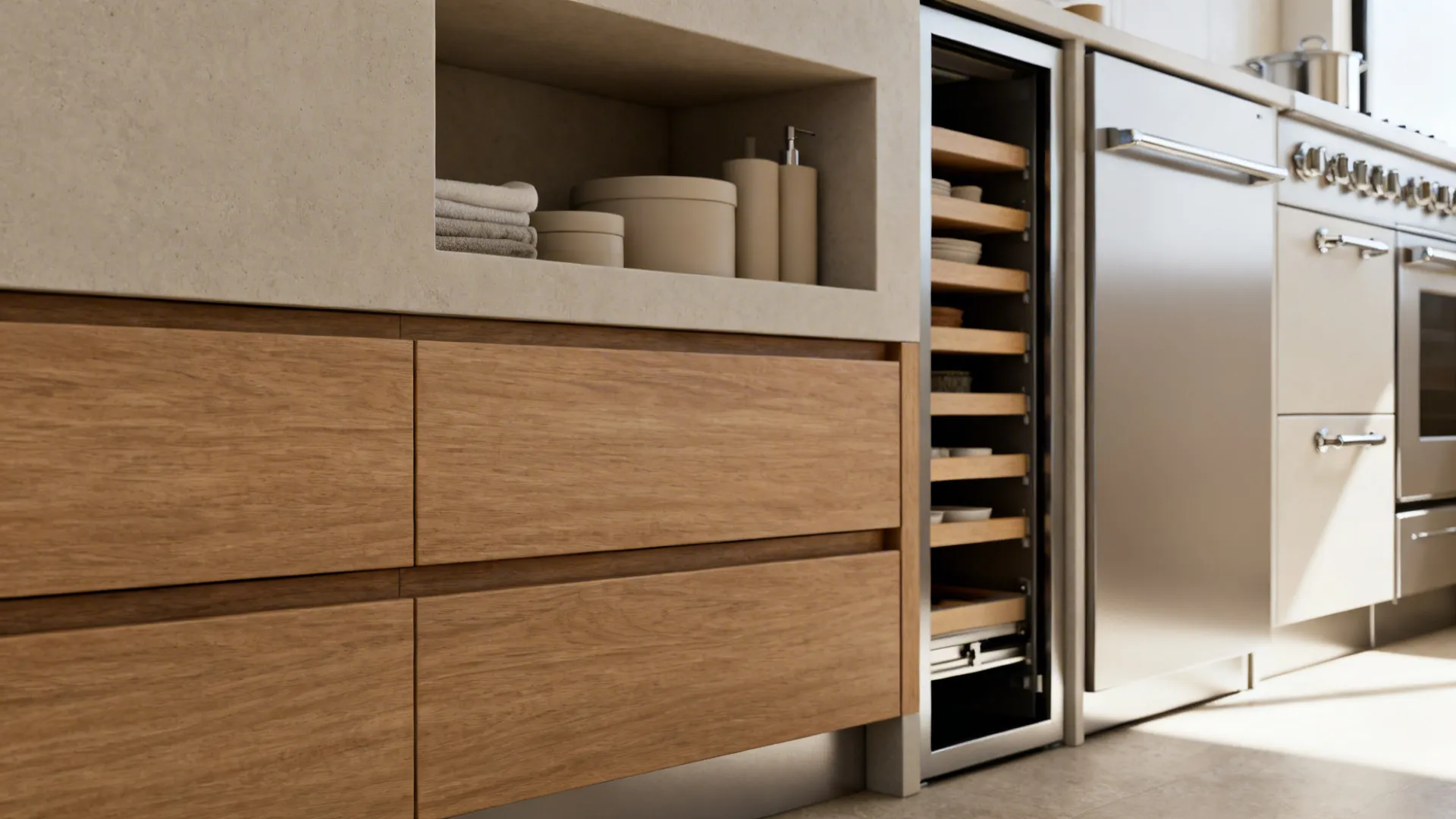 Close-up of toe-kick drawers, recessed niche and pull-out pantry in a small kitchen.