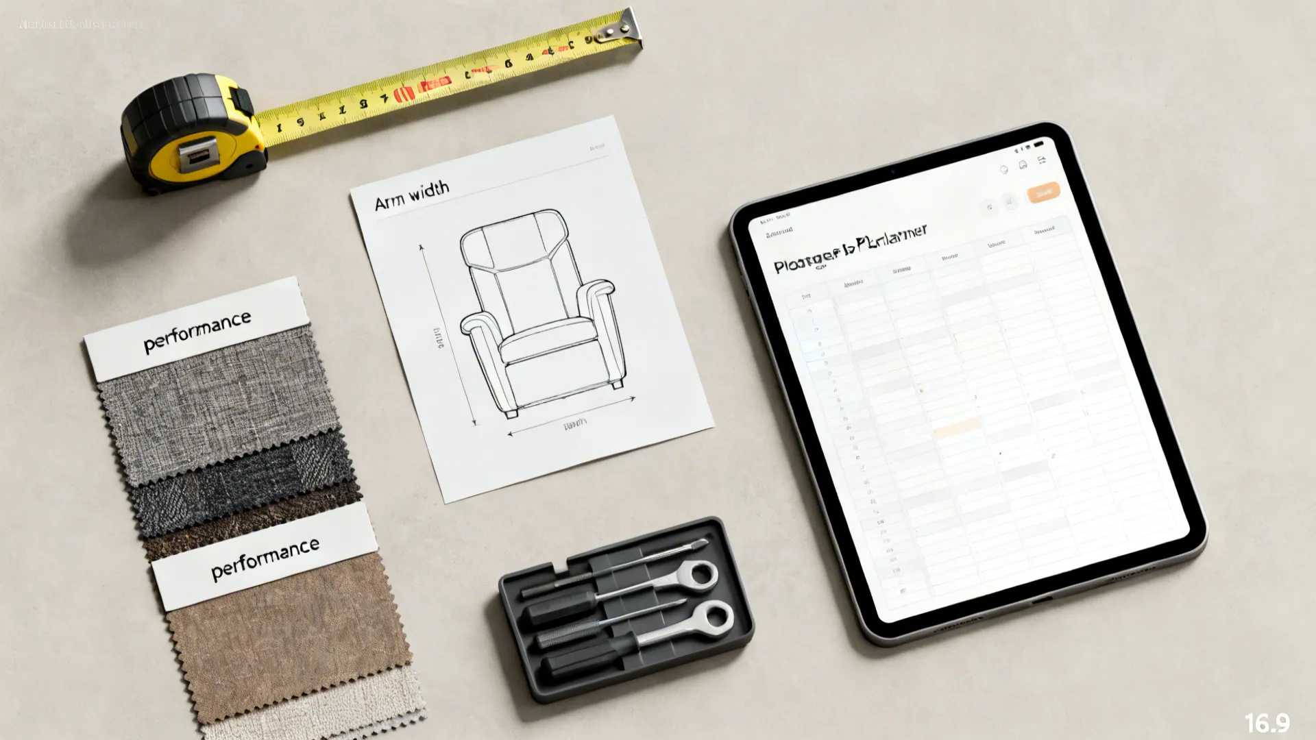 Flatlay showing tape measure, fabric swatches, and a 3D planner tablet for space-saving tips.