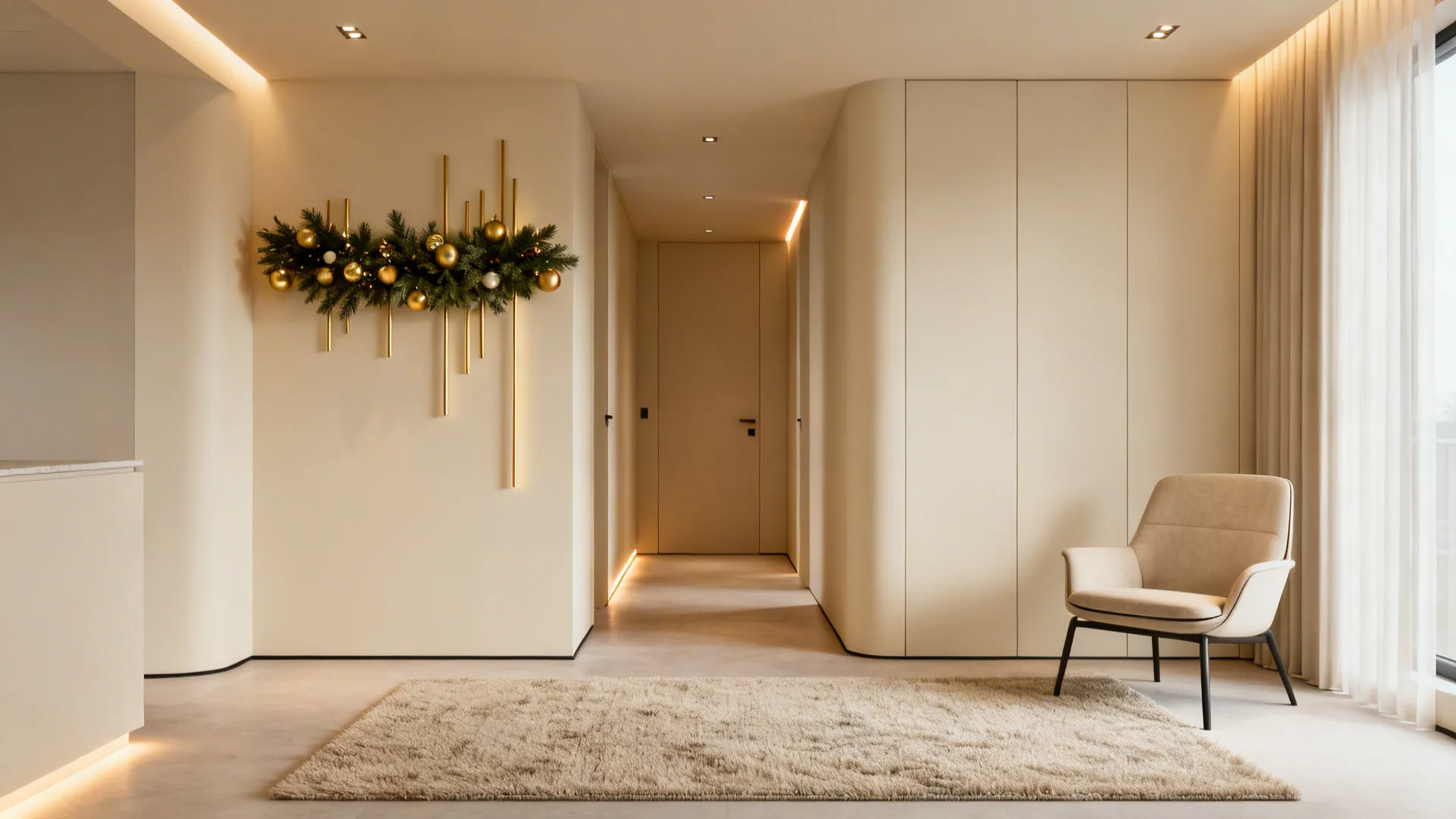 Slim wall-mounted Christmas arrangement in a small apartment living room