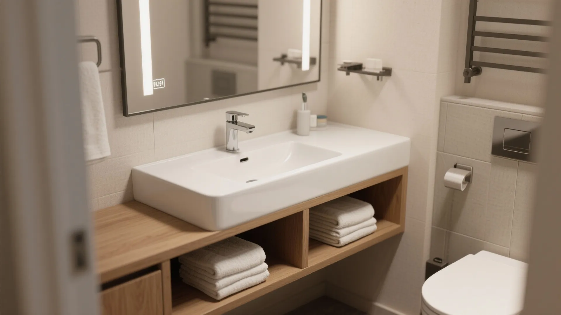 Modern bathroom with white sink, wooden cabinet, lighted mirror, white towels, and a white toilet