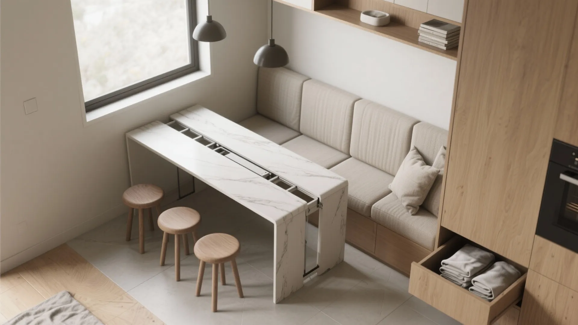 Top-down layout of an extendable table with a bench, foldable stools, and integrated storage demonstrating space-efficient seating.