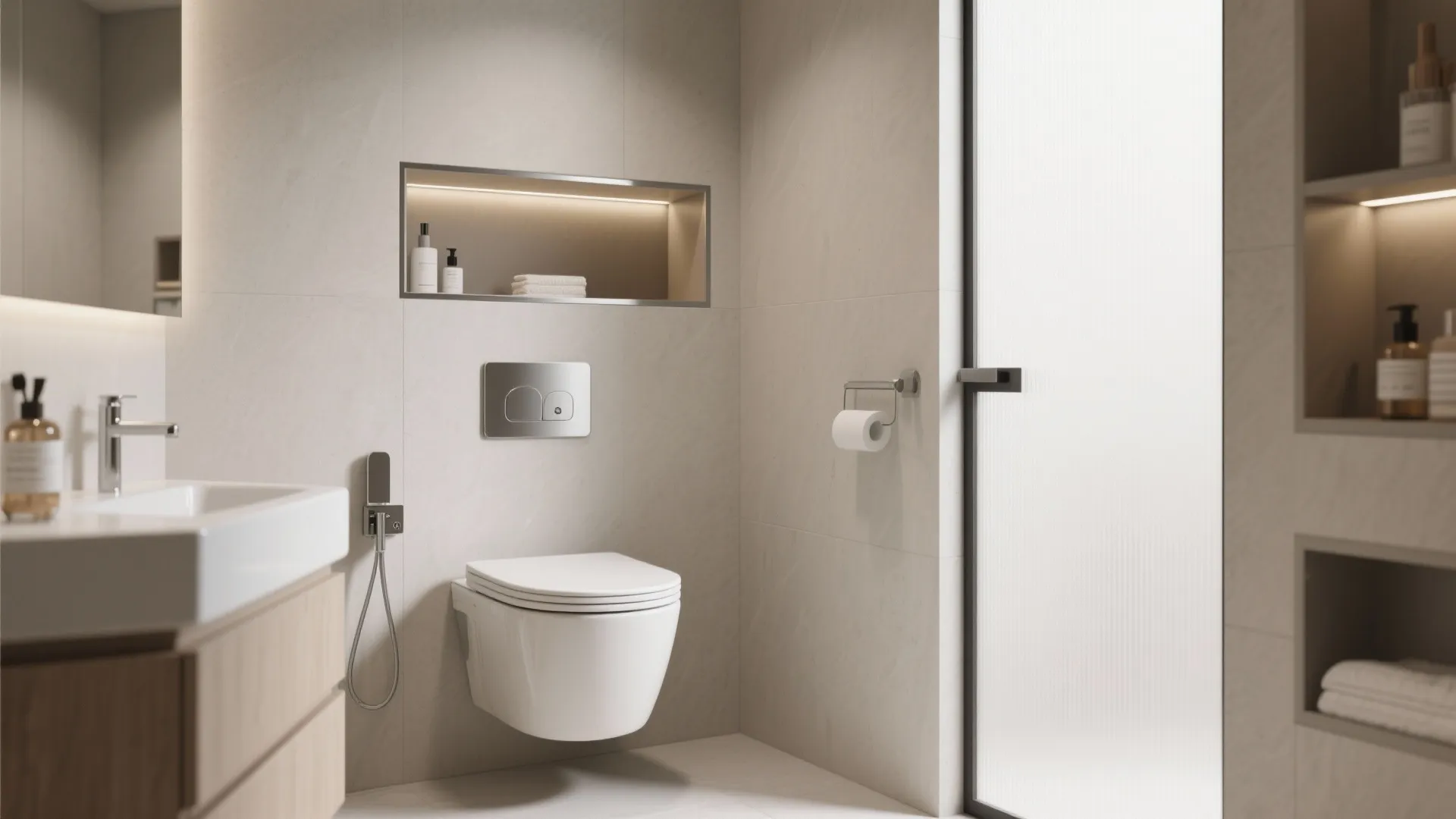 Modern bathroom with white toilet wooden cabinet sink glass door wall light and built in shelves