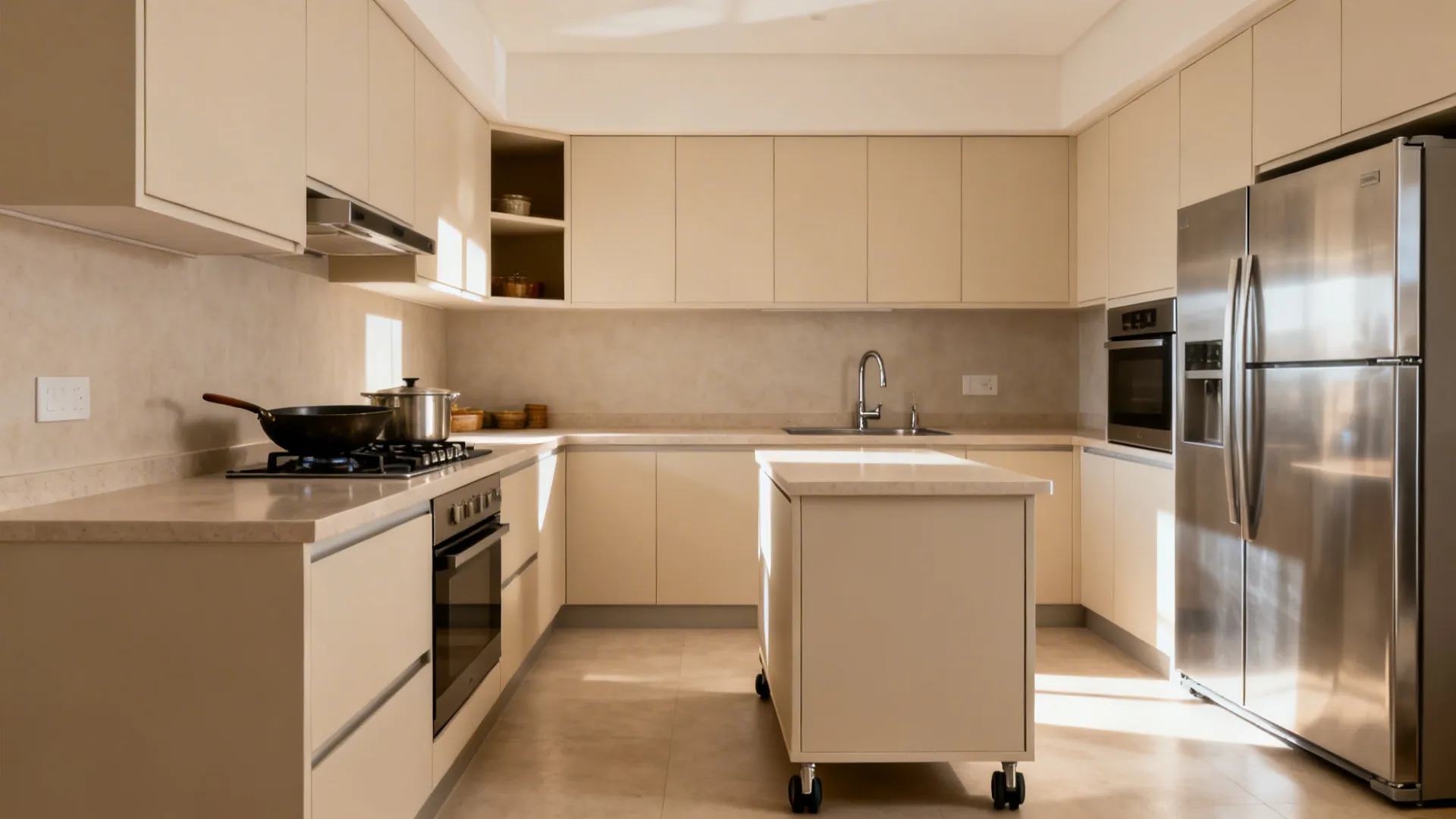 L-shaped compact kitchen with a slim movable pocket island and clear 900mm aisle.