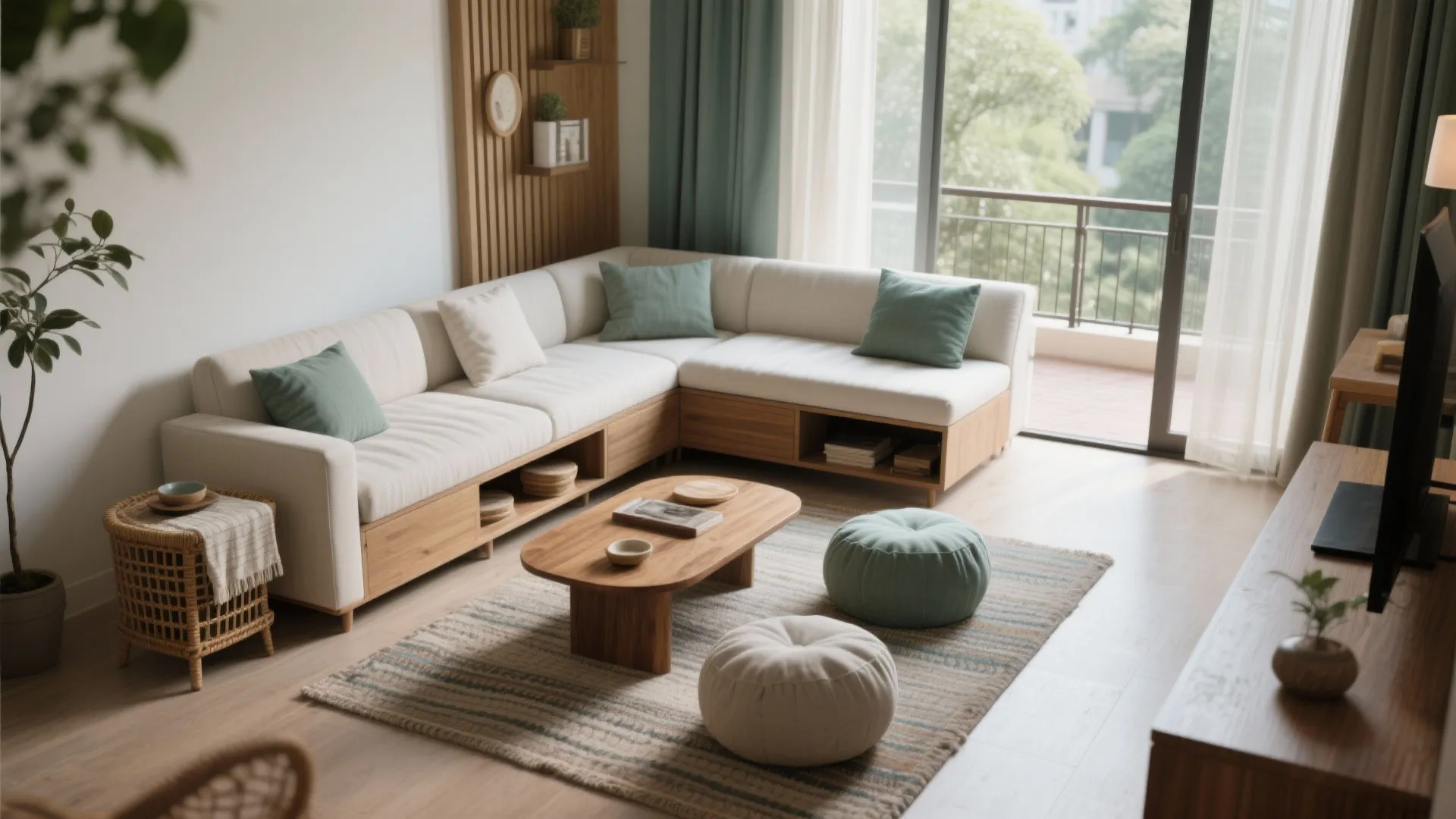 Modern living room with white corner sofa green pillows wooden coffee table two footrests and balcony