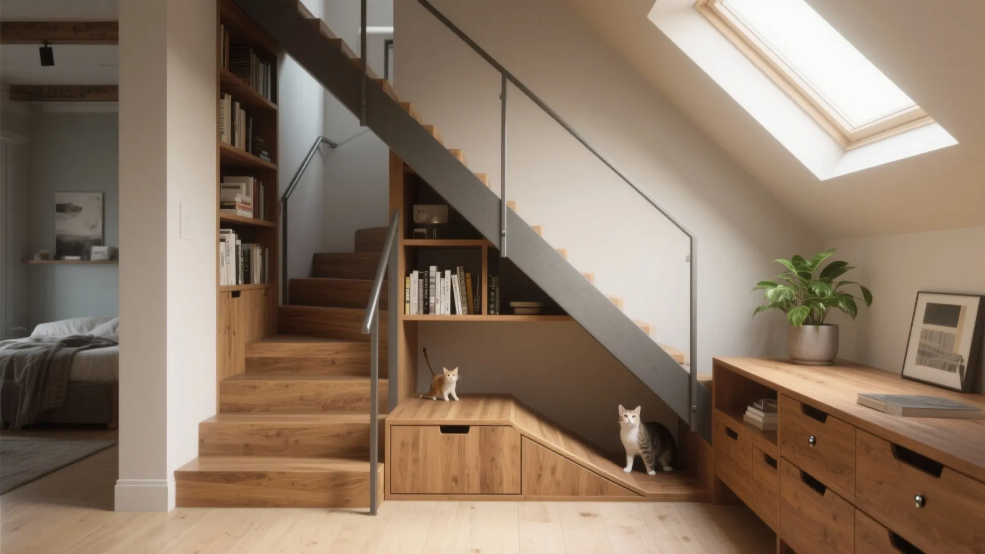 Modern wood stairs with built in bookshelves cat house and natural light from roof window