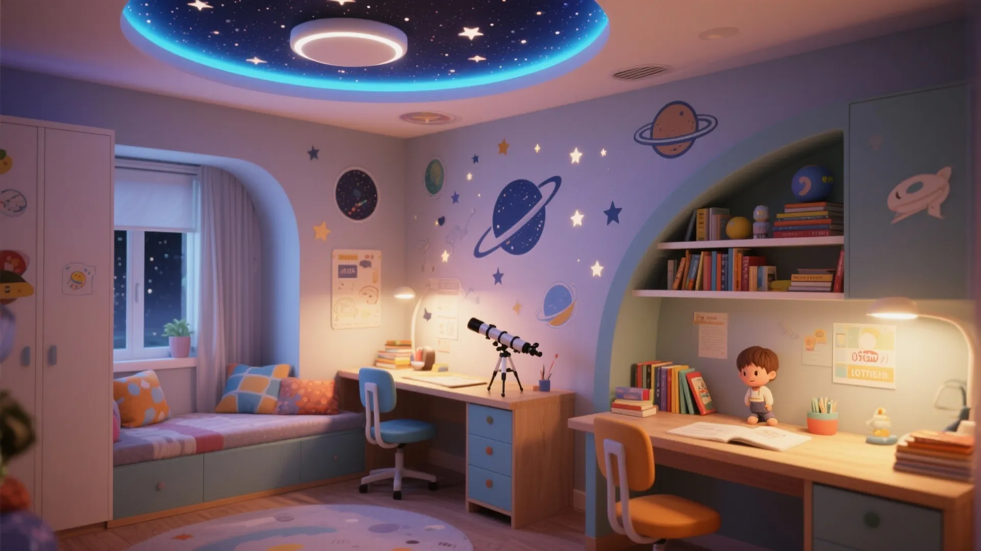 Space themed kids bedroom featuring a starry ceiling light two wooden desks and blue furniture