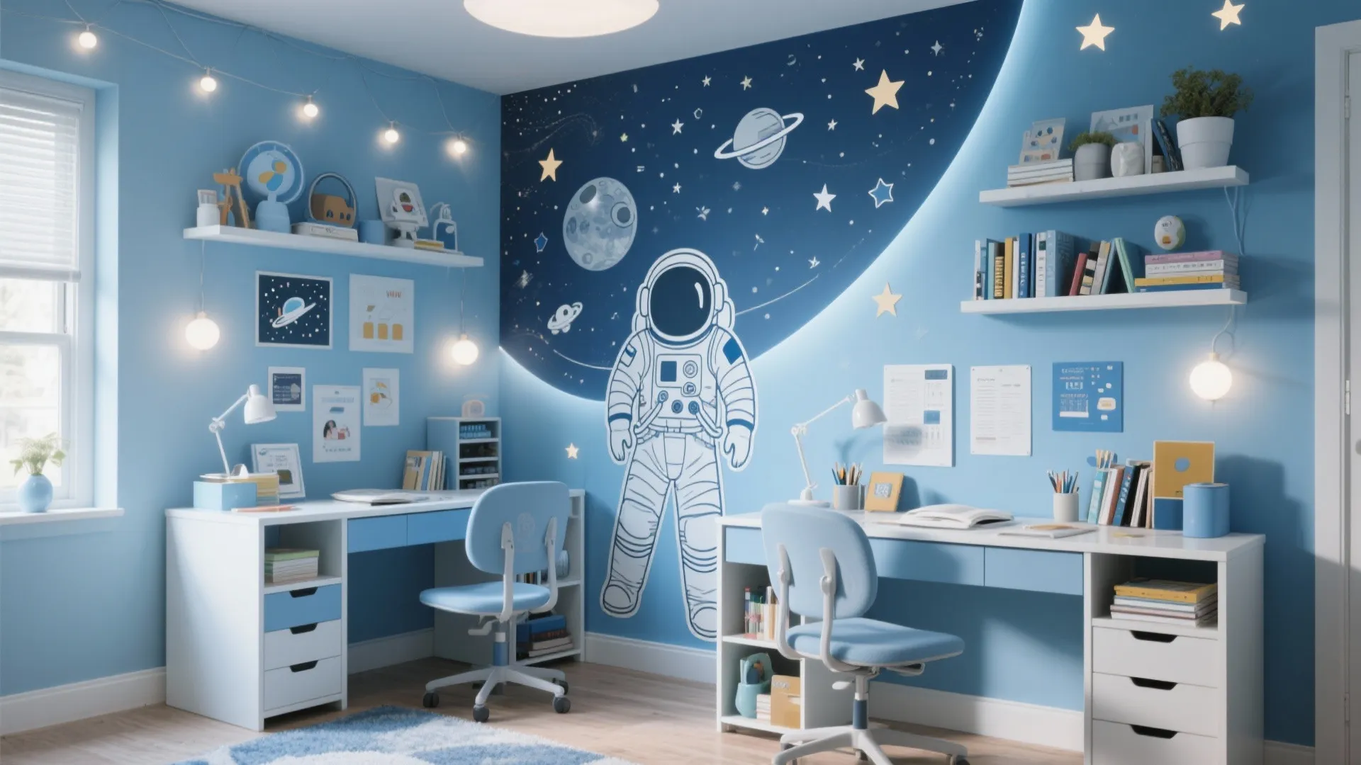 Blue kids study room with space themed astronaut wall mural two white desks and blue chairs