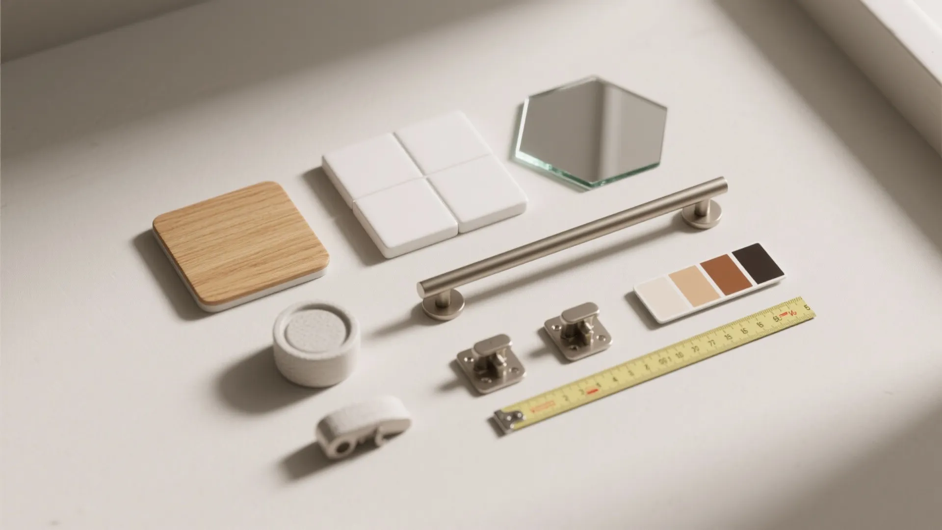 Flat lay of interior design materials including wood tile mirror metal handle and measuring tape tool