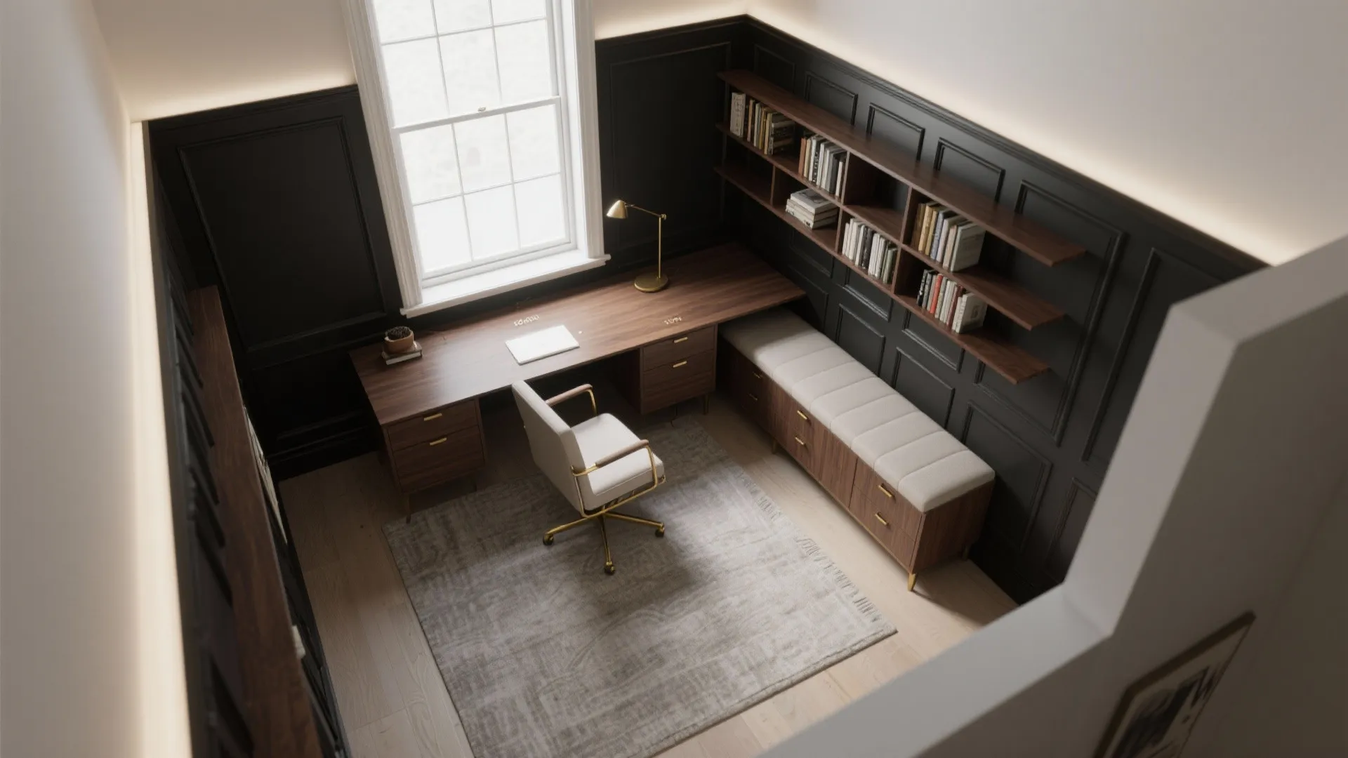 Top down room layout of a home office with dark wall panel and wooden desk