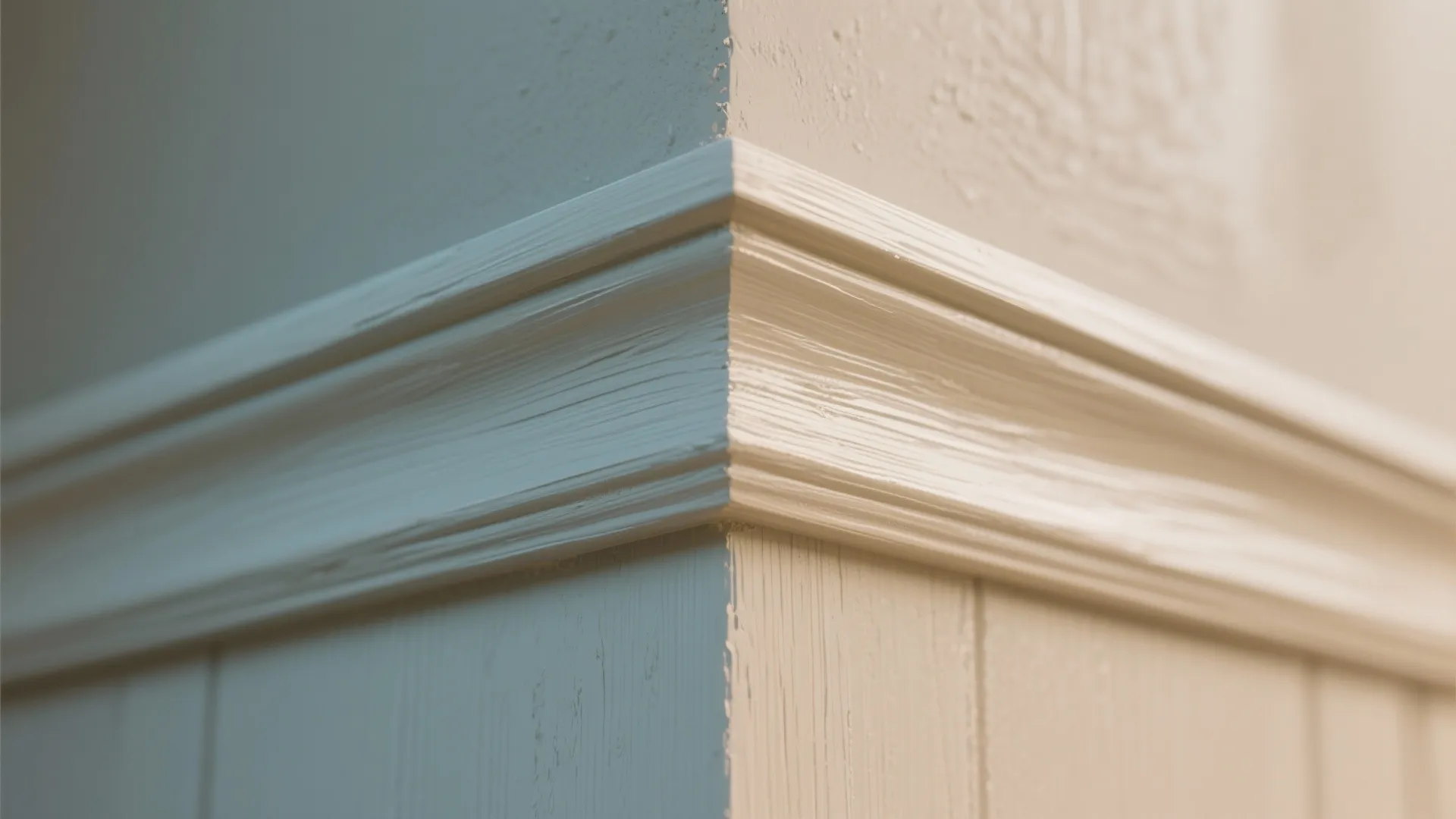 Close up of white wall panel detail showing clean lines on a corner with soft lighting