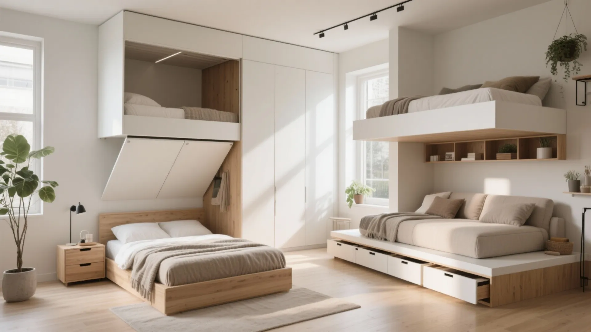 Modern shared bedroom with multiple beds white storage cabinets wooden floor natural light and simple