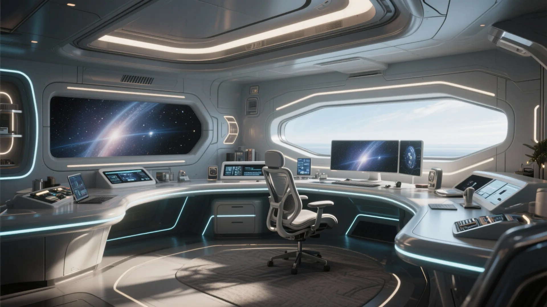Futuristic white spaceship office interior with large window desk chair computer screens and glowing lights