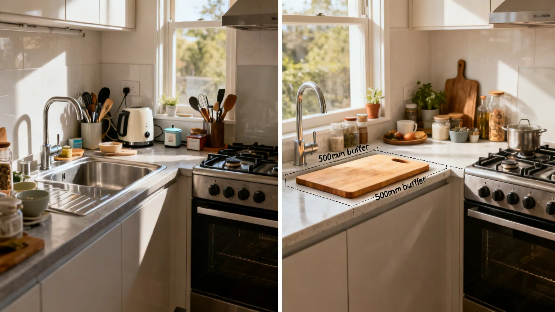 Before and after comparison of kitchen counter space with a new cutting board and measurements