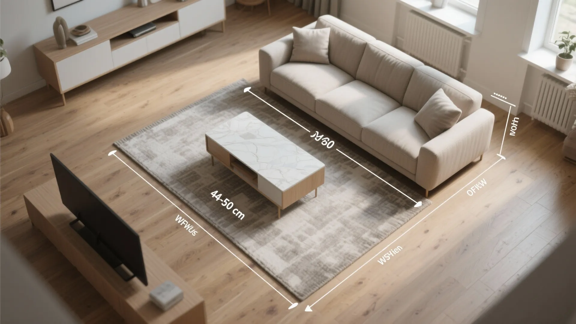 Top-down floor plan mockup showing a narrow coffee table and recommended 45–50 cm clearance from the sofa.