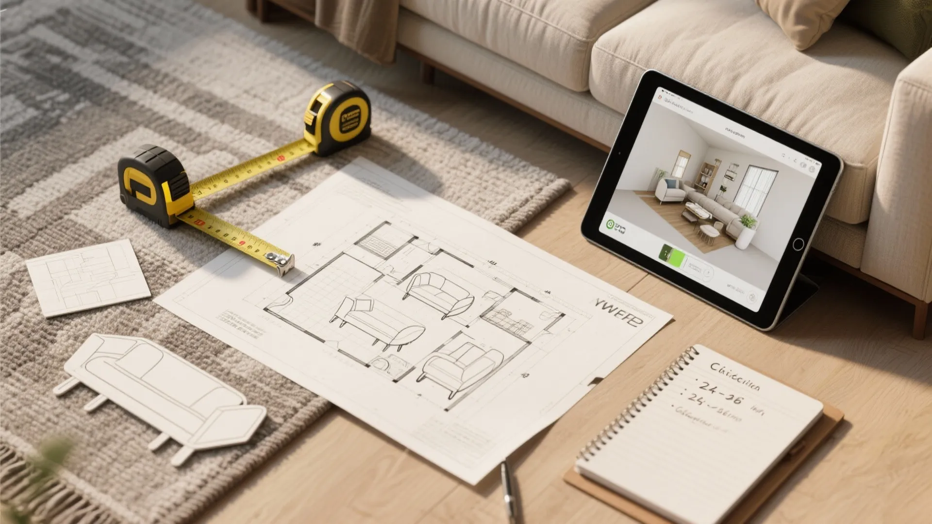 Interior design drawing with measuring tapes tablet showing 3D room and notebook on a rug