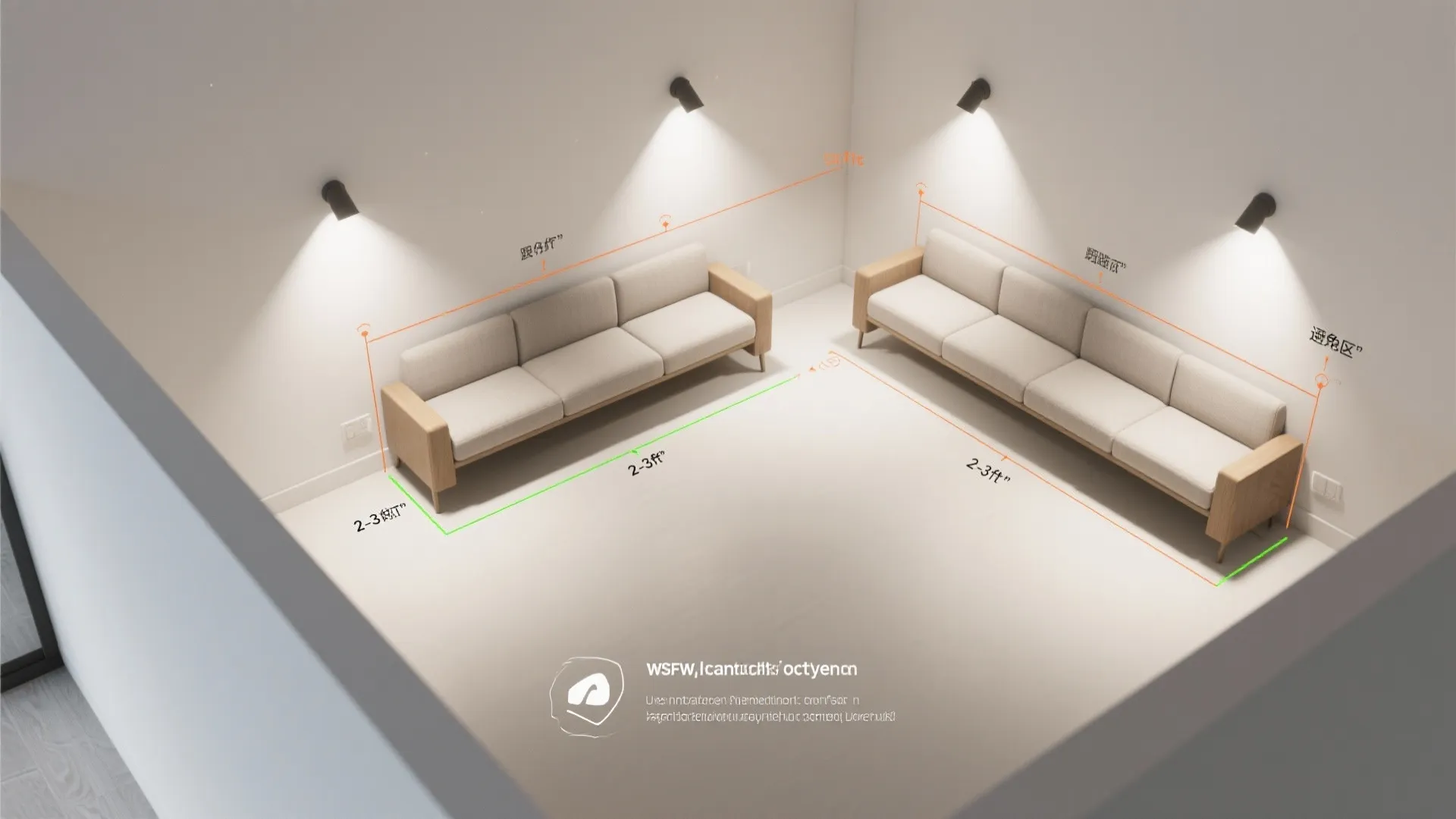 Interior design drawing showing distance guidelines between two beige sofas and wall mounted black spotlights