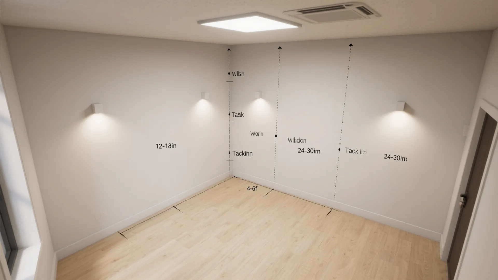 Interior design drawing showing room layout with wall lights and measurement labels for proper spacing