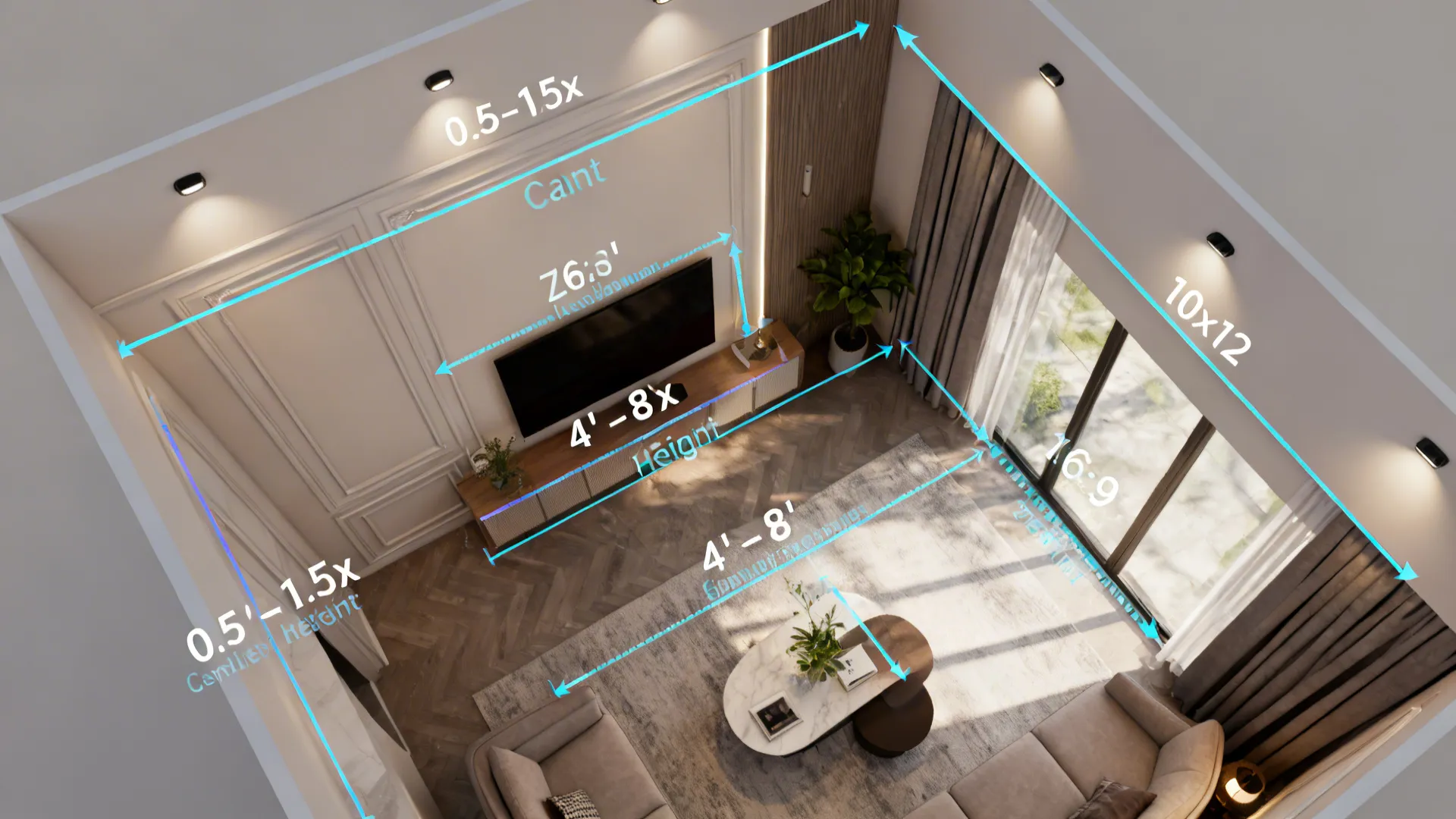 Top-down diagram of a small living room illustrating recessed can spacing based on ceiling height rule-of-thumb.