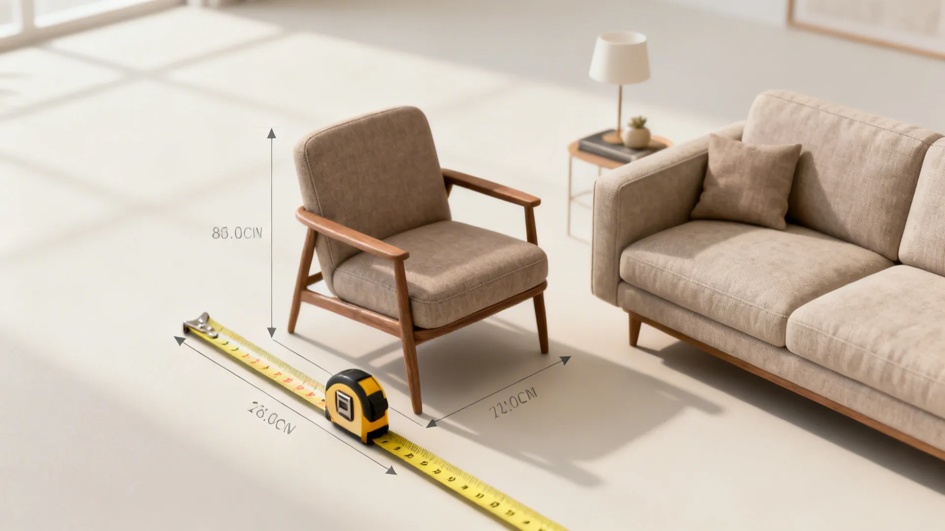 Small living room vignette showing chair-to-sofa clearances and measuring tape for scale.