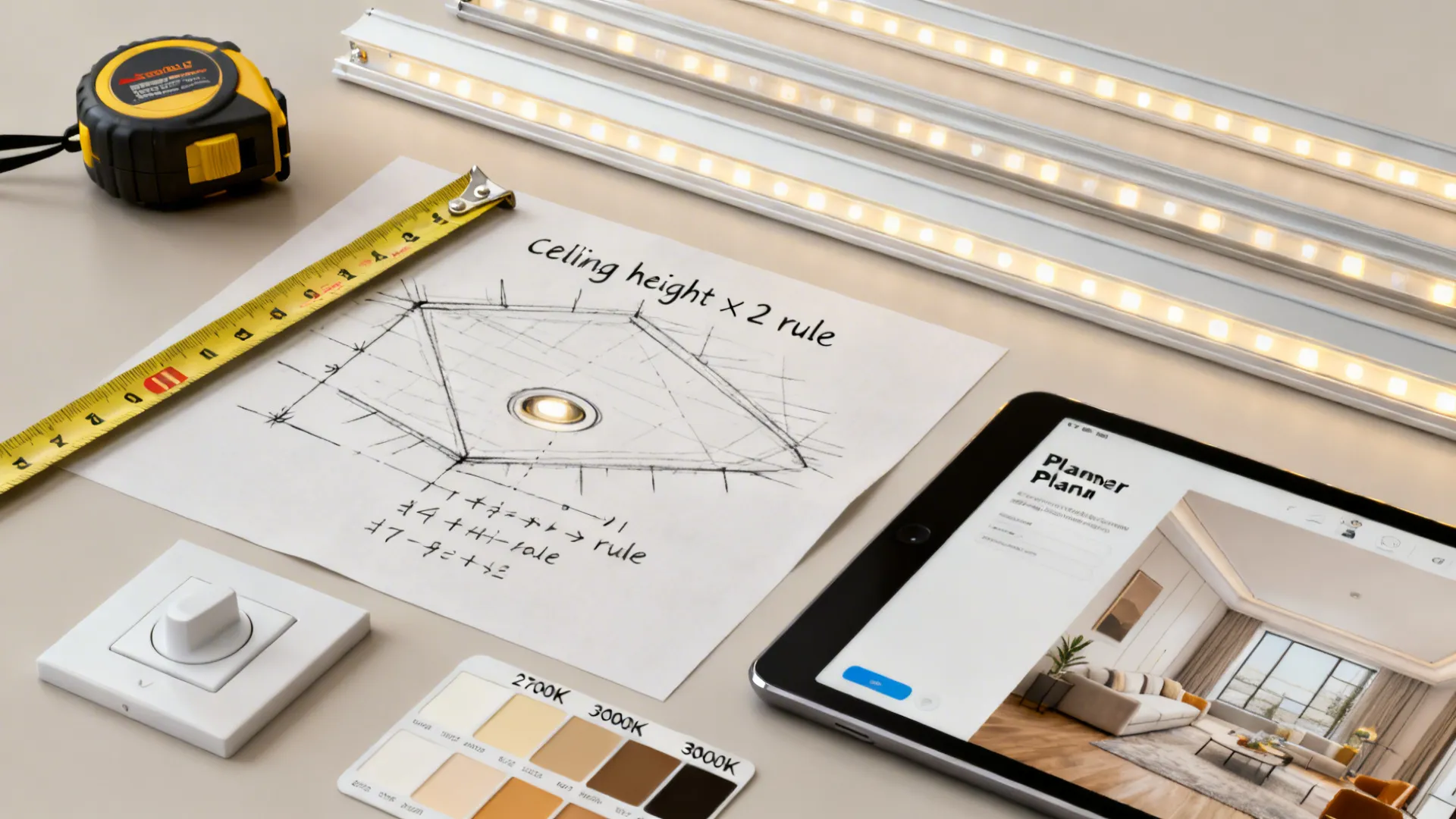 Technical lighting design setup with measuring tape LED strips hand-drawn sketch and tablet showing interior