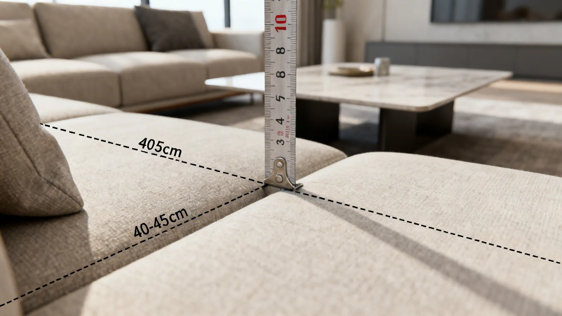 Measuring tape showing recommended 40–45 cm spacing between sofa and coffee table