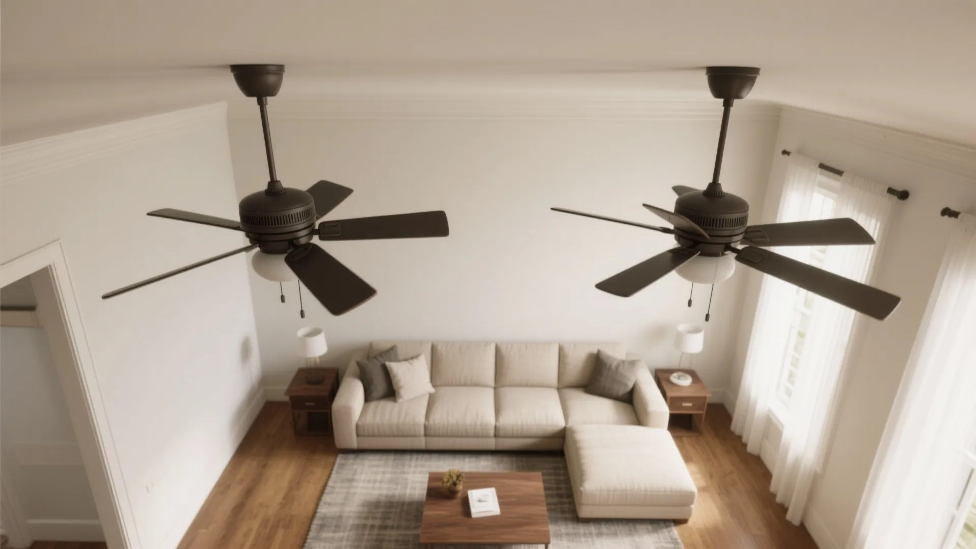 Living room with large beige sofa two ceiling fans wooden coffee table and window curtains