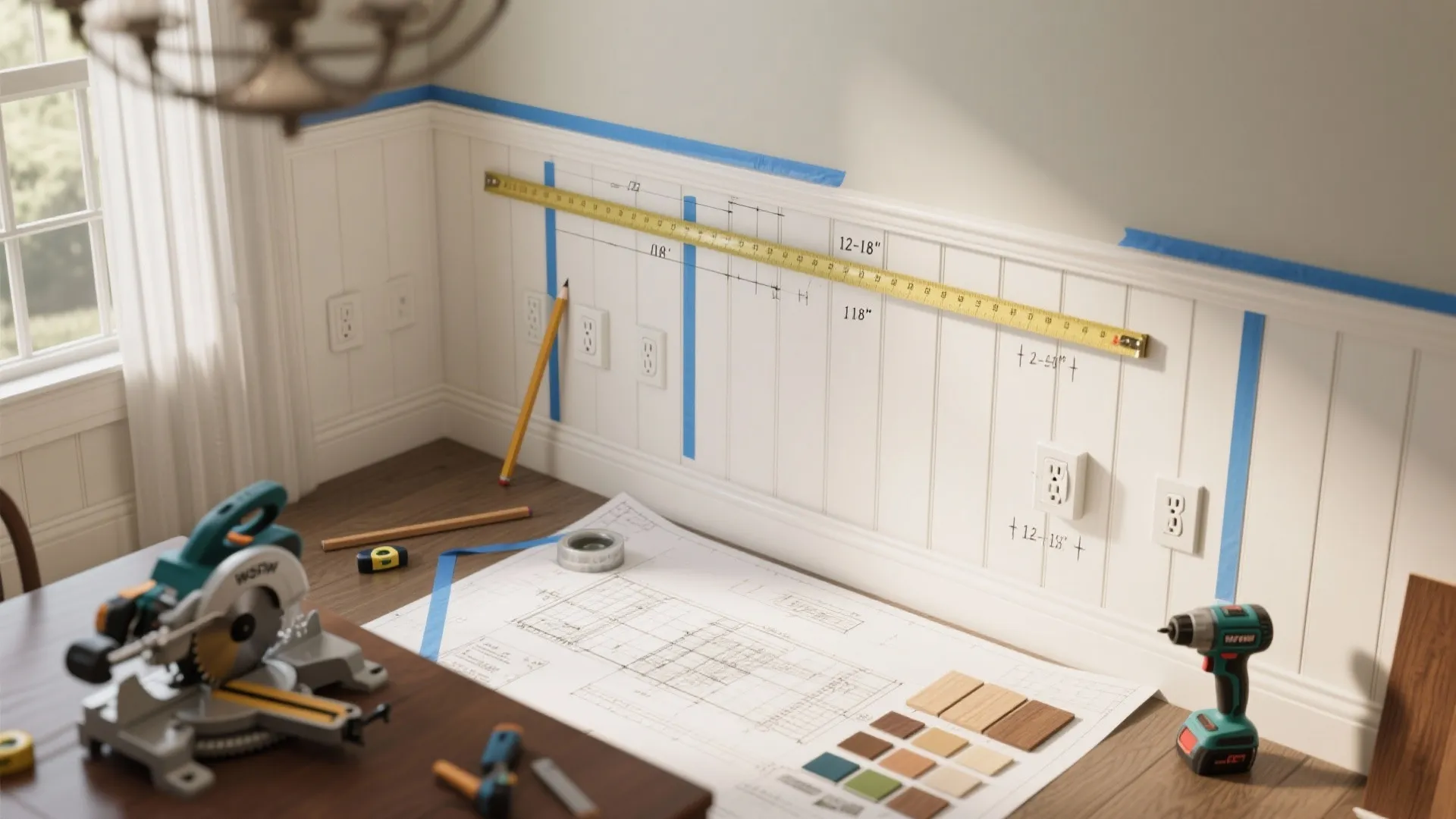 Interior design drawing and tools for wall panel installation with measuring tape and power saw