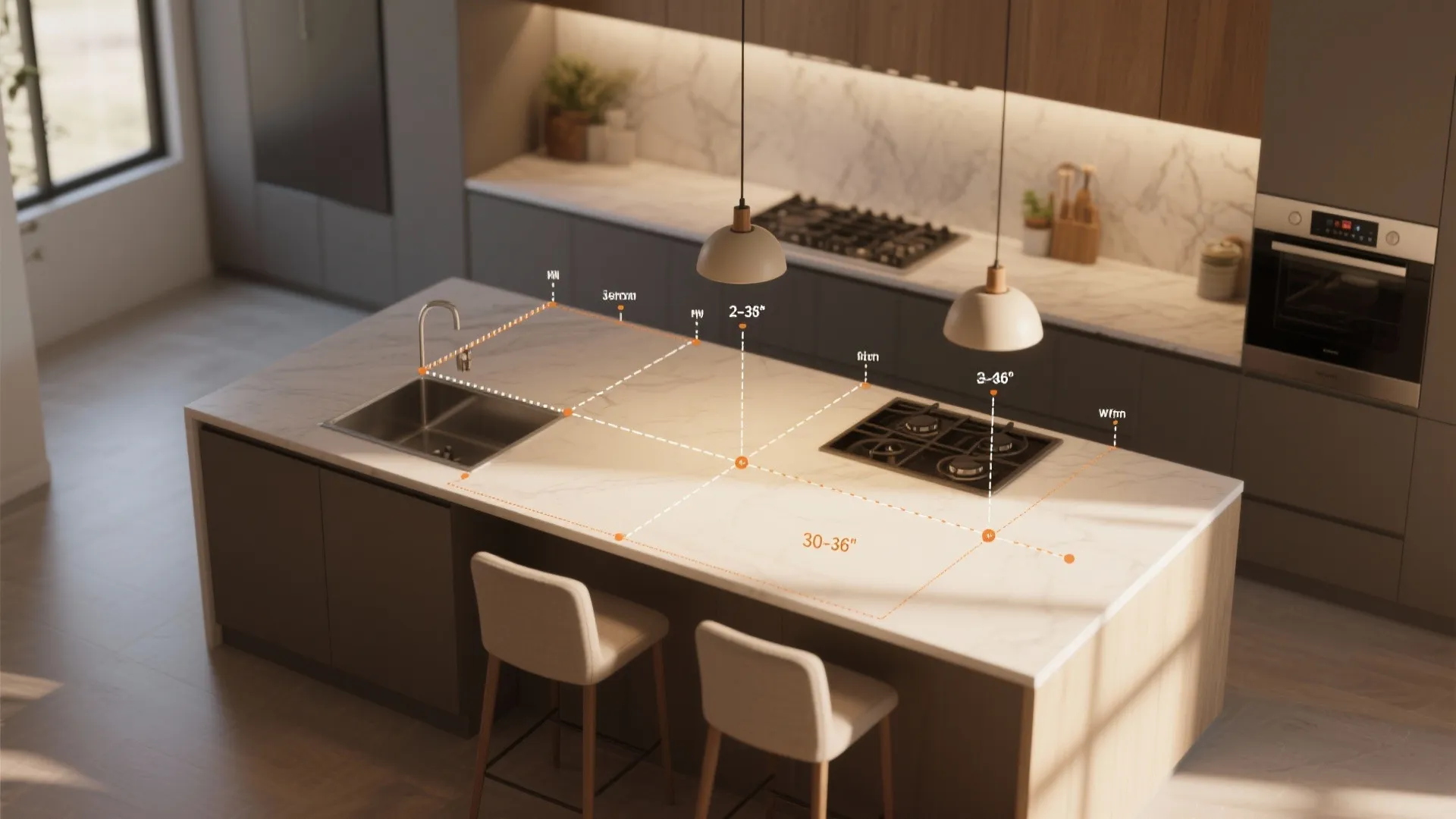 Top-down diagram-style render of an island showing pendant spacing, height guidelines, and light zones for FAQ guidance.
