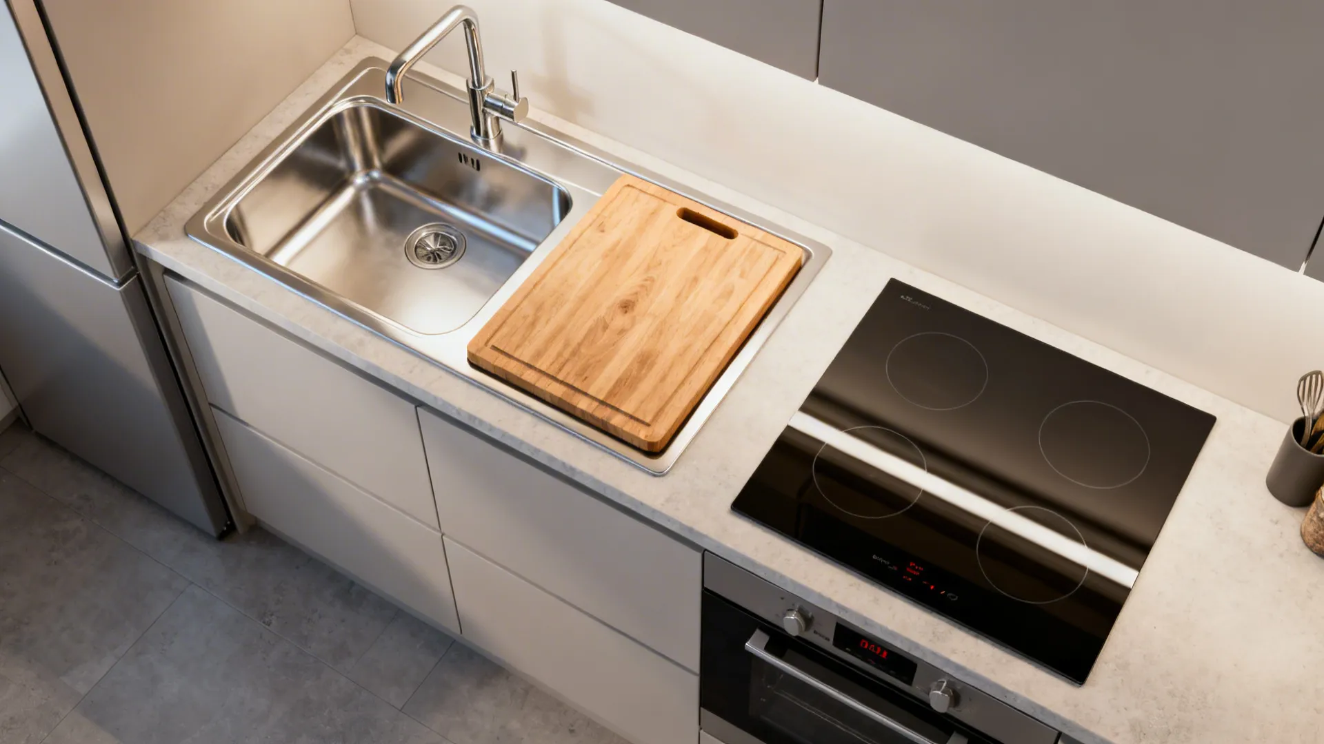 Kitchen counter with stainless steel sink wooden cutting board black cooktop and built in oven