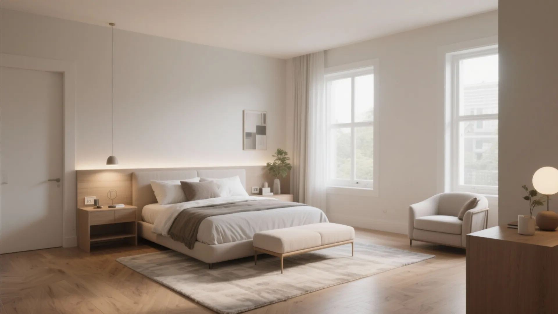 Spacious modern bedroom with large bed beige rug white armchair two windows and wooden floor
